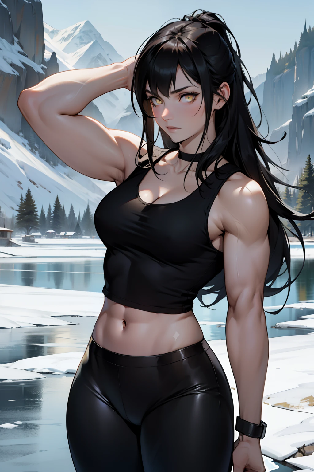 1 girl, black hair, yellow eyes, very long hair, pale skin, curvy, (extremely muscular), perky breasts, frozen lake, (tank top and leggings)