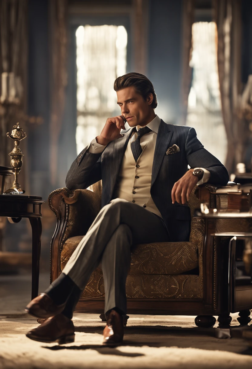 character sitting in a chair with arm raised, dark hair (neck length hair tied in a ponytail), nice pose, handsome man, pretty face, royal elegant pose, business man, (in a striped blazer), (The surrounding environment is a luxurious and classic living room) (sand tone image)