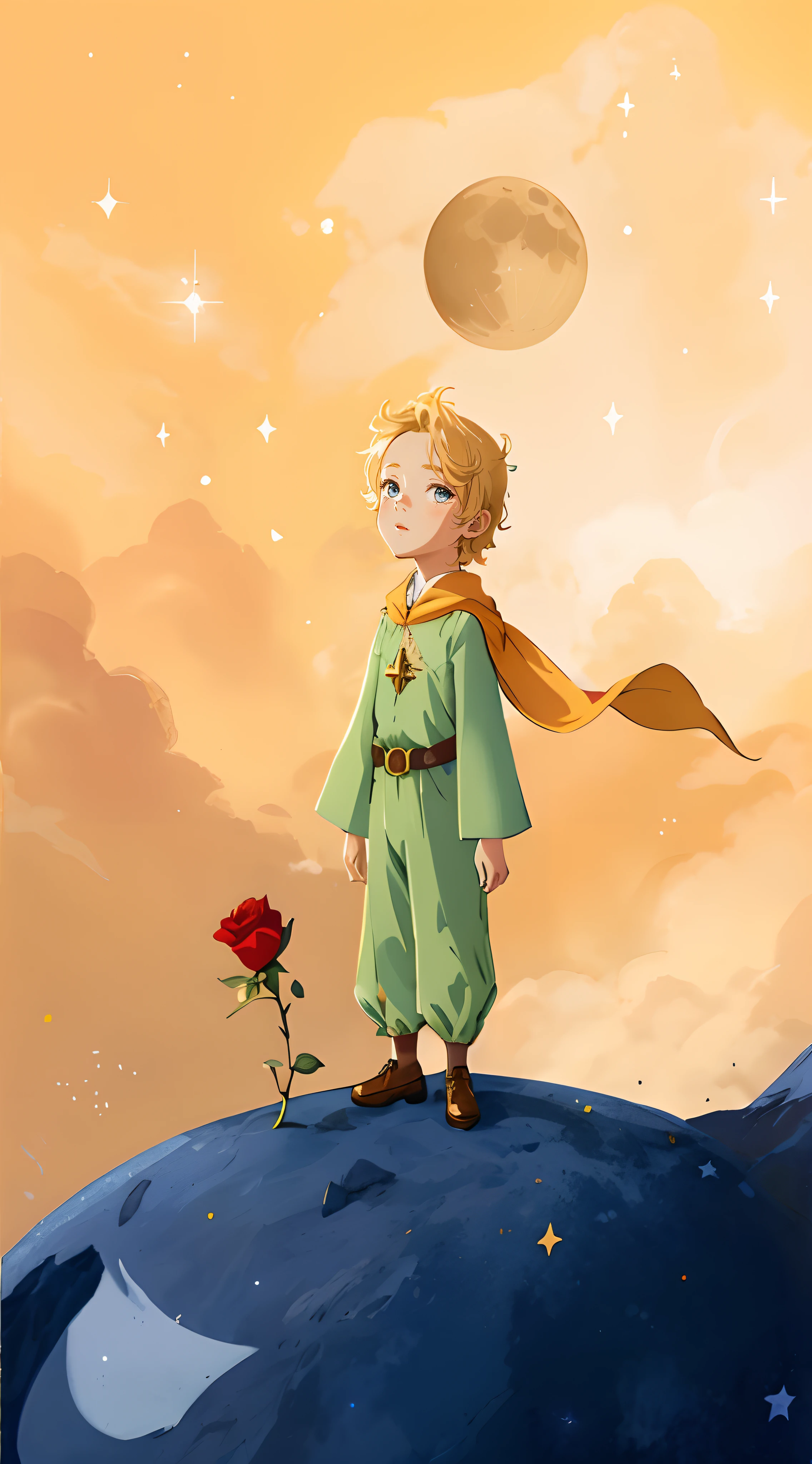 there is a cartoon picture of a little blonde boy standing on a moon, the little prince, the flower prince, fan art, official art, portrait of magical blond prince, digitally colored, official illustration, full color illustration, key art, coronation of the flower prince, inspired by Arthur Pan, illustration!, full color digital illustration, 2 d render, matte digital illustration, bright and shiny moon and stars