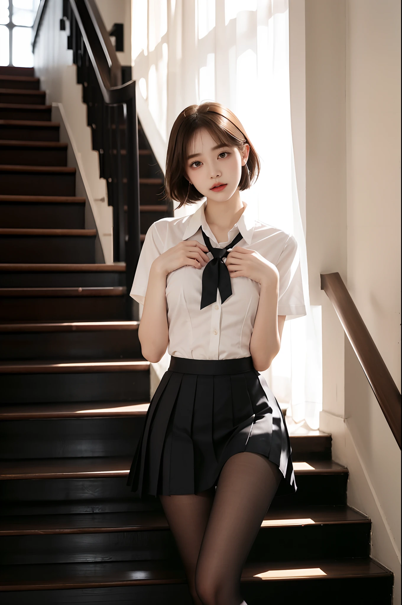 Korean school uniform、summer school uniform shirt、Tight shirt、Ribbon Ties、skirt by the、schools、stairs at school、chest lifting pose、Emphasis on the chest、Slender and big、8K raw photos、A high resolution、18-year-old Korean、embarrassing looking、very large round breasts、Beautiful eyes finely detailed、long eyelasher、beautiful double eyelid、eye shadows、eyeline、slender eyes、Elongated eye shape、Sanpaku eyes、beautiful and thin legs、Beautiful slender thighs、Random Shorthair、Tie your hair behind your head、耳Nipple Ring、Light brown hair、(Wear pantyhose)、hugging his knees