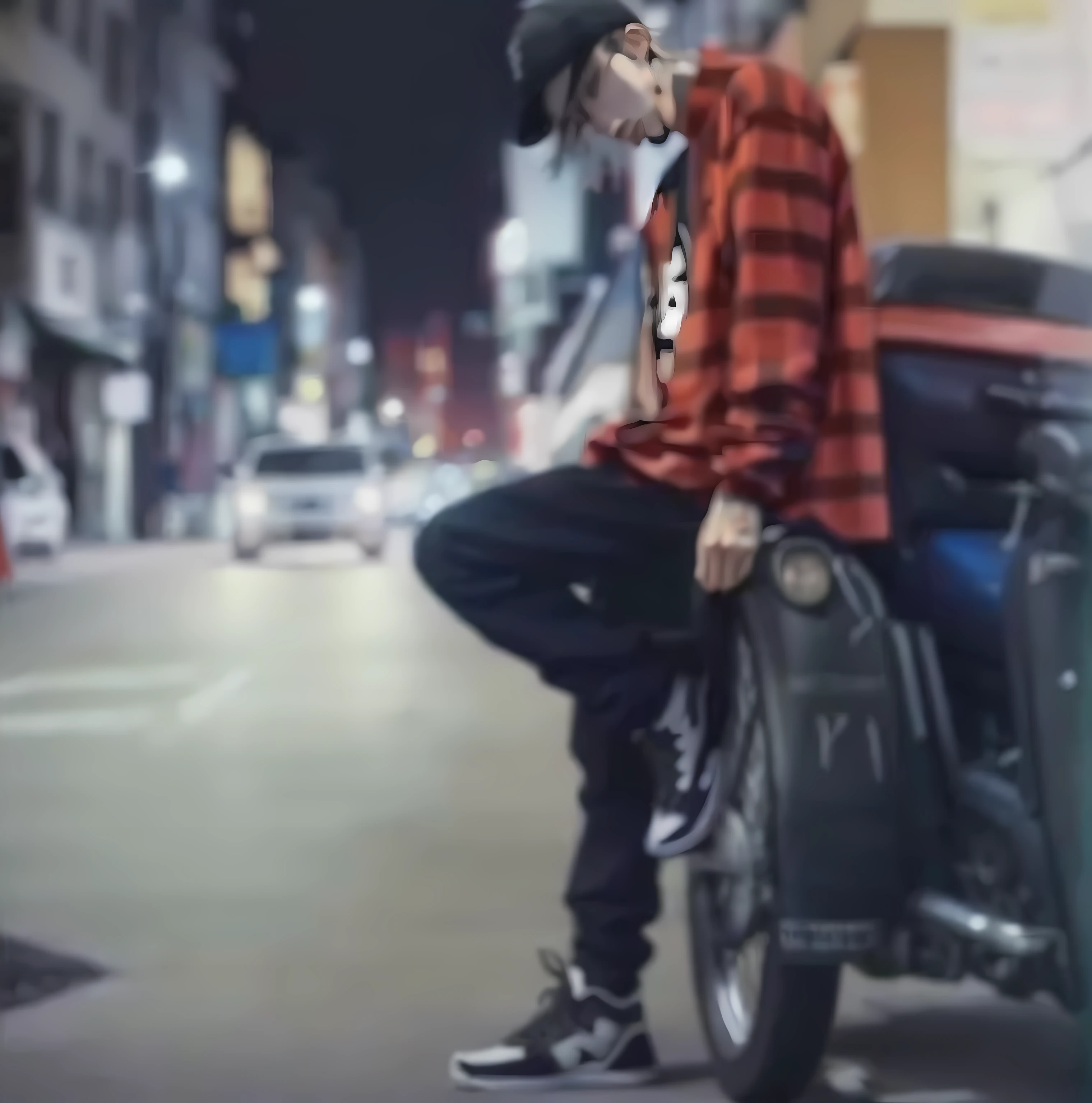 There was a man on a motorcycle on the street, fear of god style, street clothing, baggy clothing and hat, streetwear fashion, japanese streetwear, lil peep, really cool pose, Cool style, Cai Xukun, wearing a fisher 🧥, in the style of sifu 🔥 😎 🕹️ 👀 :2, ✏️🎨, Street attire