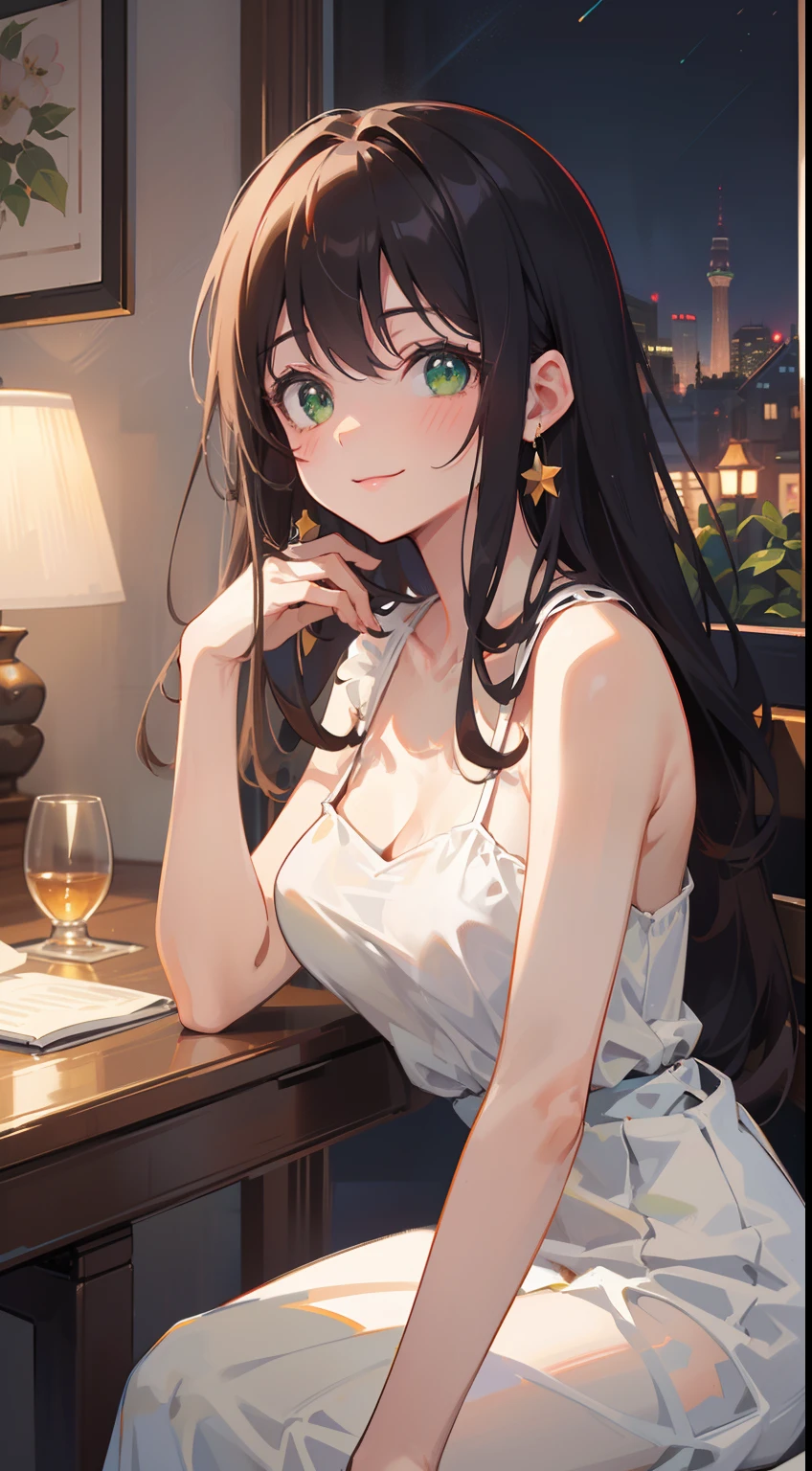 (masterpiece), (best quality), ultra high res, sharp focus, warm pastel tone, ((1 woman, solo)), upper body, dutch shot, beautiful detailed hair, chestnut brown hair, long hair tumbles down, beautiful detailed face, ((beautiful shape eyes, green eyes)), comfortable face, perfect feminine face, looking at the viewer, smiles, bare shoulders, (feminine elegant long dress:1.2), in the party ballroom at night, style raw --1