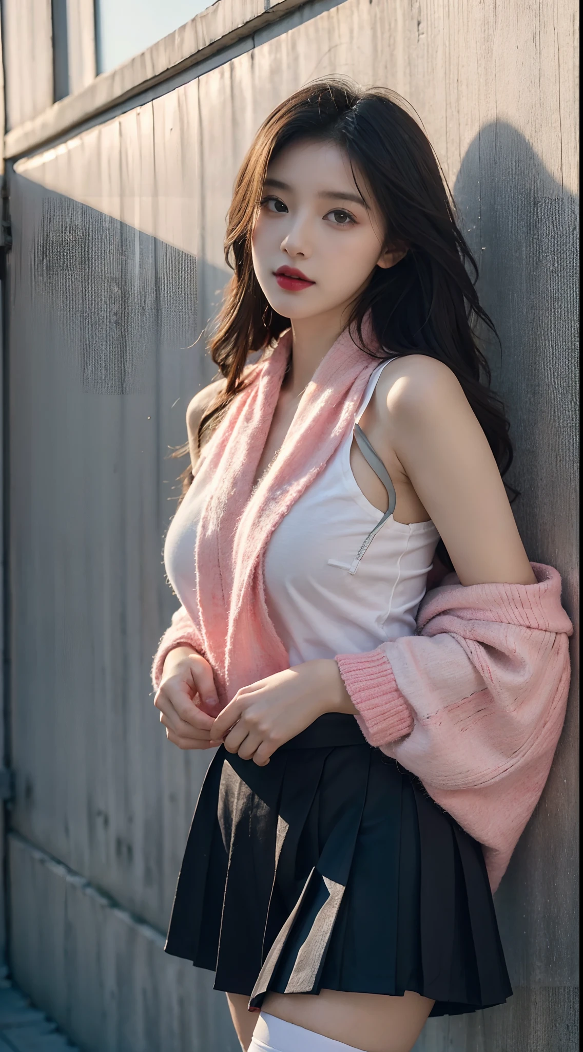 A perfect young female white-collar worker,Chinese big breasts,High picture quality,Works of masters,Black hair,Long hair shawl,Long hair flowing over the shoulders,Beach wave hairstyle,cropped shoulders,鎖骨,exquisite face,Hydrated red lips,((Wear colorful and stylish summer sailor suits))(red colour,blue colors,green color,Violet-orange,In pink,amarelo,Printed clothing),Kurfo,,Colorful pleated skirt,white stockings,Real Human,White interior wall background,CG rendering,16k,Stand up,Empty interior,Do not show your hands,Close-up shot