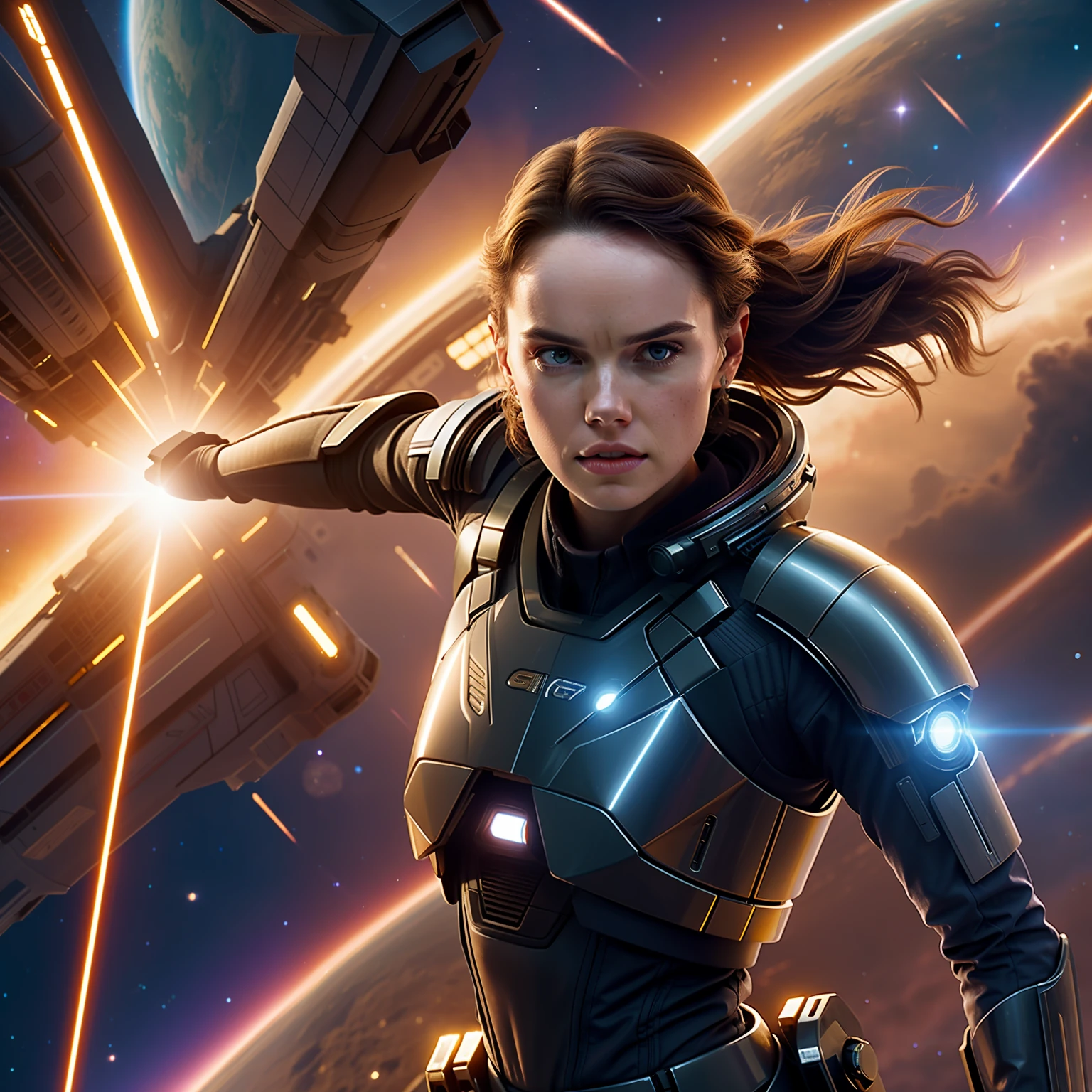 a close up of epic Sci fi hot Daisy Ridley in a sci fi white tech suit clothes cabelos longos brancos,Detailed clothing details,Liquid effect, space, heavenly body,Interstellar battlefield 8k realistic
