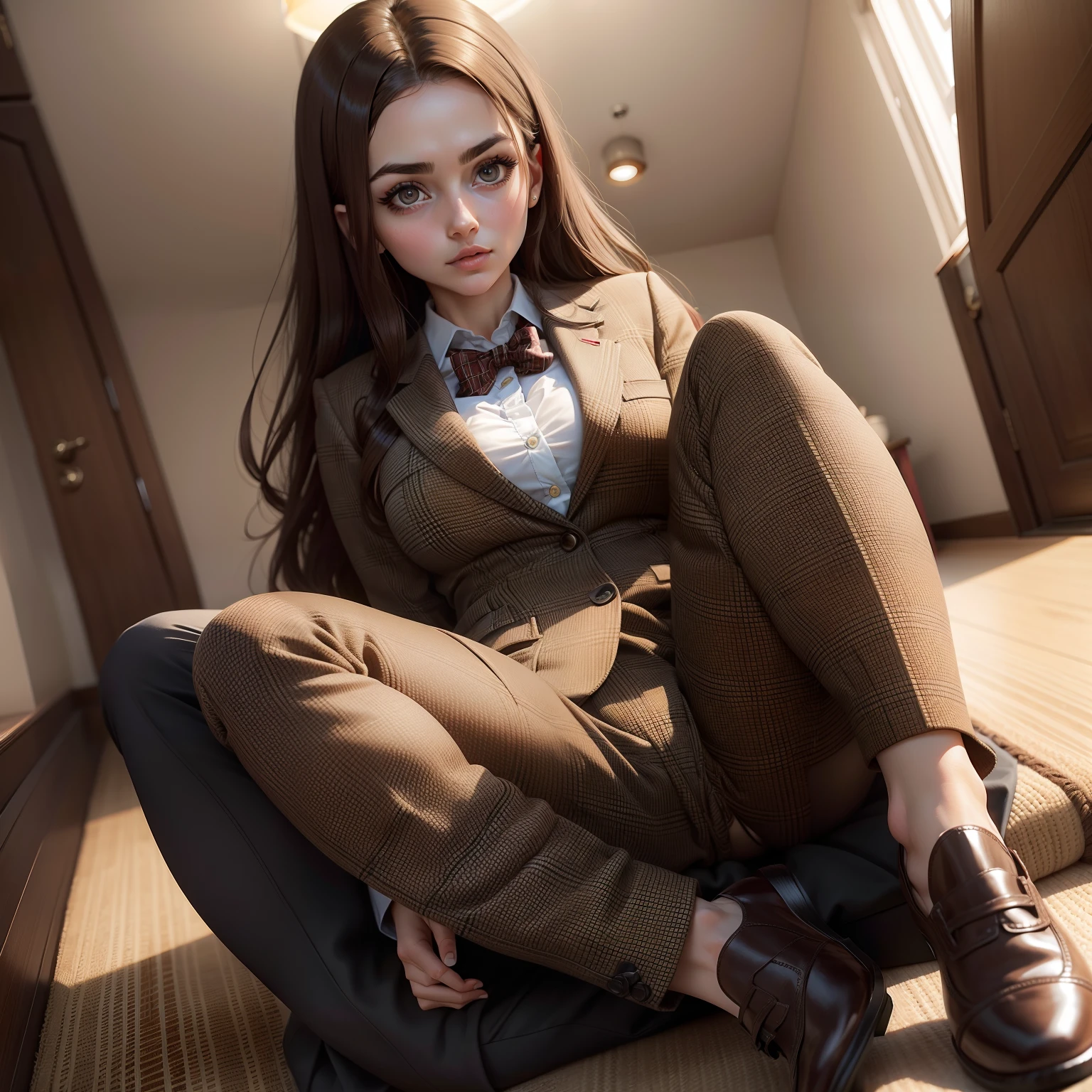 Big eyes woman with bright brown hair and long lashes wearing plaid suit with legs spread
