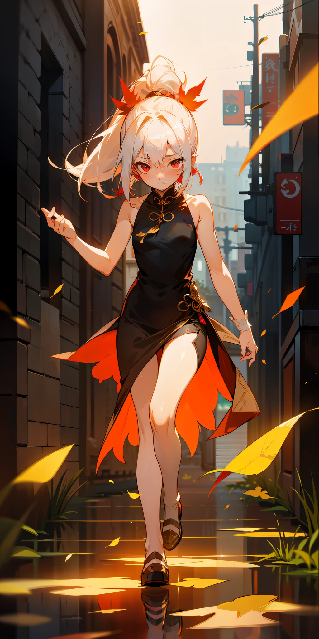 (maximum quality)，(depth offield)，(FULLBODY)，lovely，Rich Detail，(white hair)，Two-dimensional，long ponytail，Light red eyes，Red hair accessories，[blushed]，(Shying)，Sleeveless，open shoulders，the street，leafs falling。