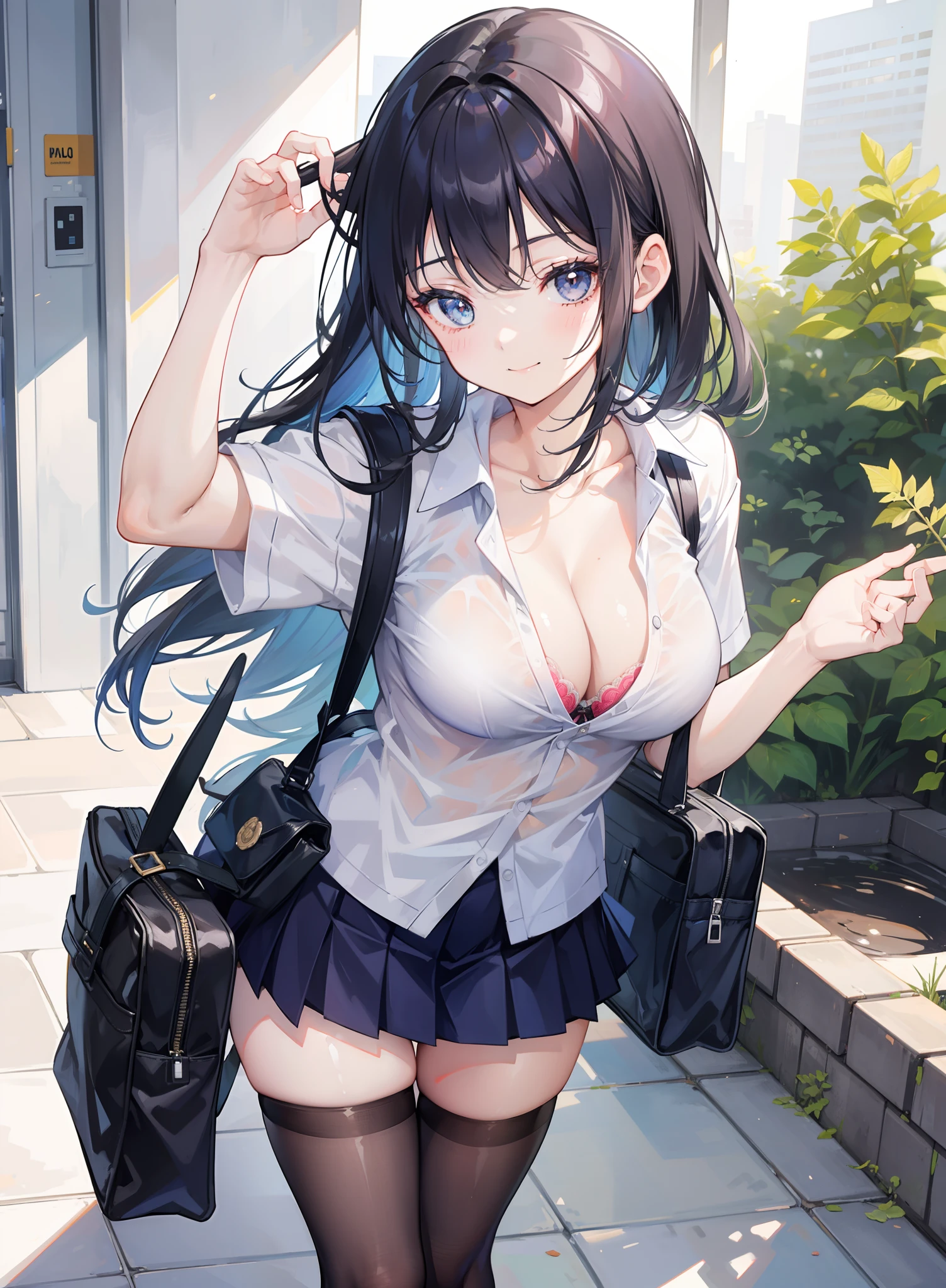 1girl, school unform, cute, unbuttoned, cleavage, school bag, looking at the viewer, skirt, bra flash, hand on the hair, legs, smile