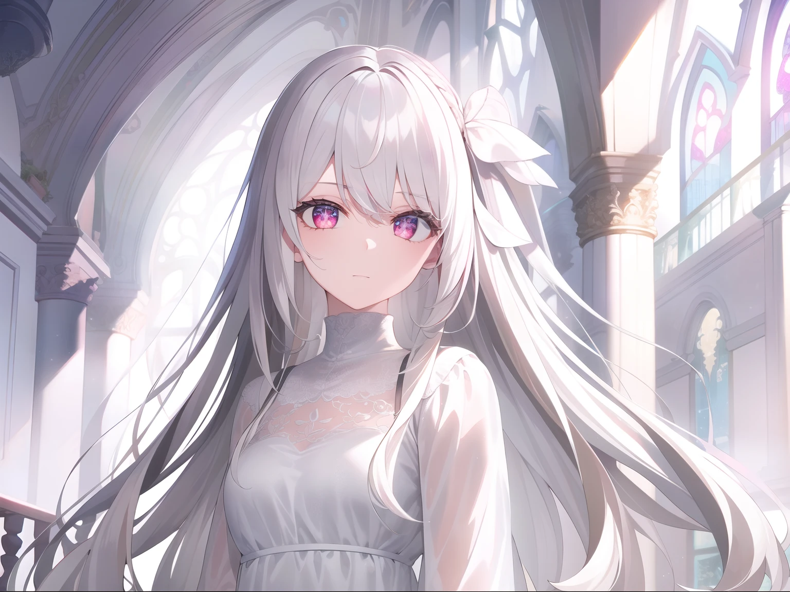 ((Masterpiece, Best quality))++, Detailed light+, Detail hair+, detail hand+ ,1girll, woman, Long hair, Crimson eyes, Beautiful eyes, Young gray hair,,(Beautiful white hair:1.5),(Beautiful detailed eyes), high resolution+, blacksilk , a black skirt, Glass tones, Reflective eyes, {{Angle}} , extremelydetailedwallpaper, Original, ,