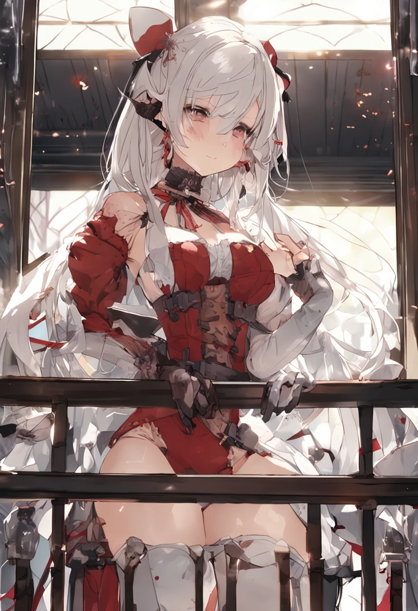 masterpiece、Top image quality、high detailing、abajour、window、(nighttime scene:1.3)、nighttime scene、(red eyes:1.4)、Delicate interior design、Longhaire、1girl in、(Boob emphasis:1.7)、(White hair)、length hair、red blush、(a beautifulchi girl)、cute little、((maikurobikini))、overknee socks、((garterbelts))、corsets、huge-breasted、(cleavage of the breast)、((A smile))、knee sox、(Long Globe:1.3)、Long gloves、耳环、Character Center、Kamimei、(((I can see panties)))、thigh high boots、Big buttocks、Tsuriformes、pretty pose、on the beds、Small pants、(dynamic ungle:1.5)、Blunt bangs、Angle from behind、girl_on_top、pov、from_below、Girl on top of the viewer
