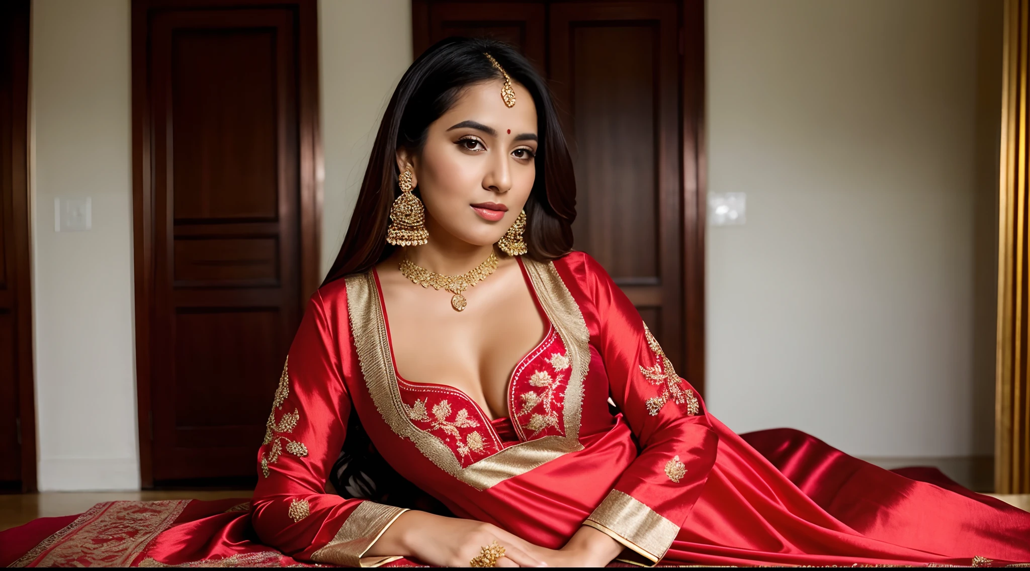 instagram photo, A one women posing for a picture in a stunning gold and red outfit. Showing boobs wearing a silk kurta with intricate embroidery, exuding elegance and grace."