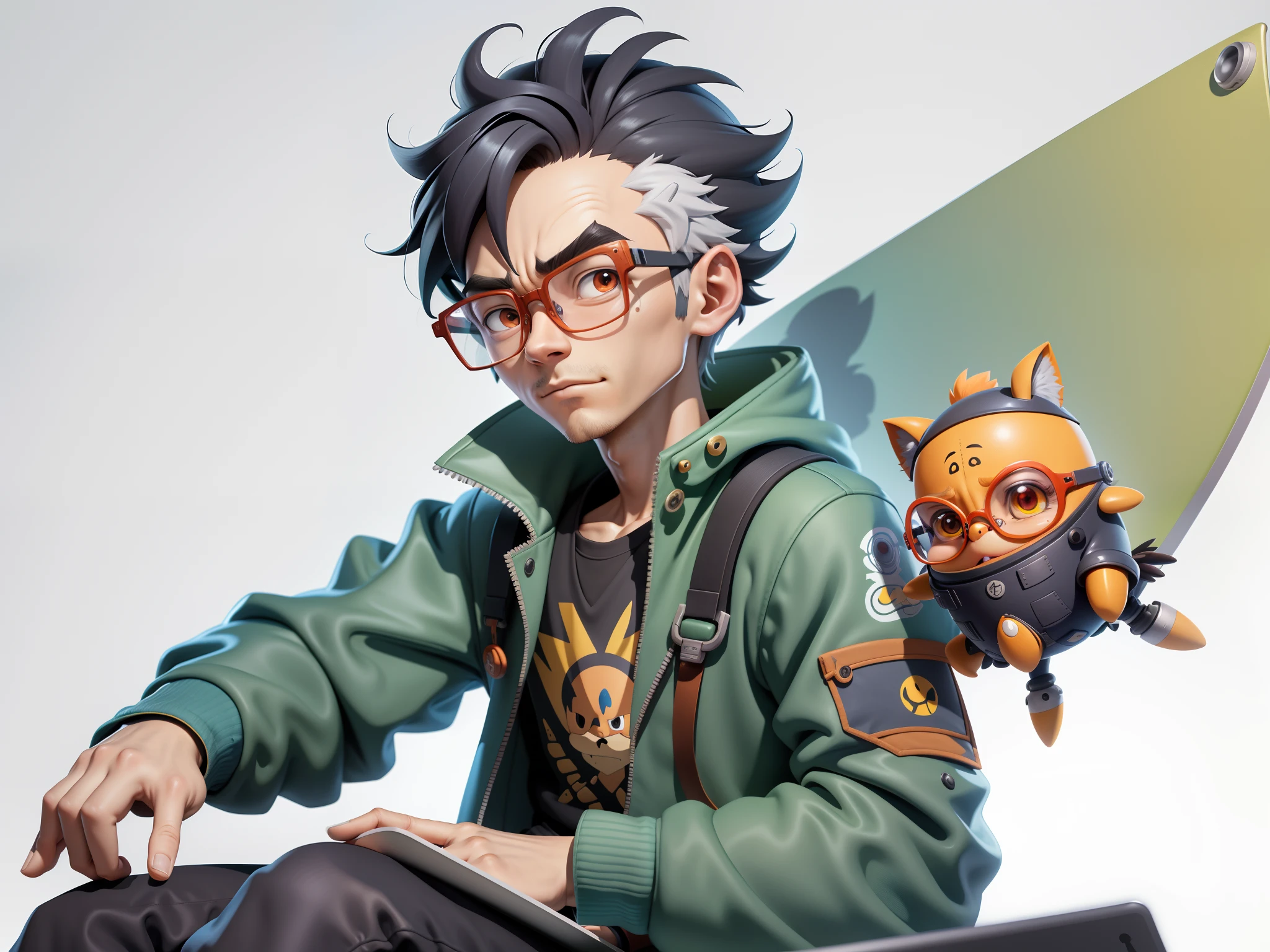 A young man with glasses sits at his desk,holding laptop,digitial painting,3D character design by Mark Clairen and Pixar and Hayao Miyazaki and Akira Toriyama,4K HD illustration,Very detailed facial features and cartoon-style visuals。