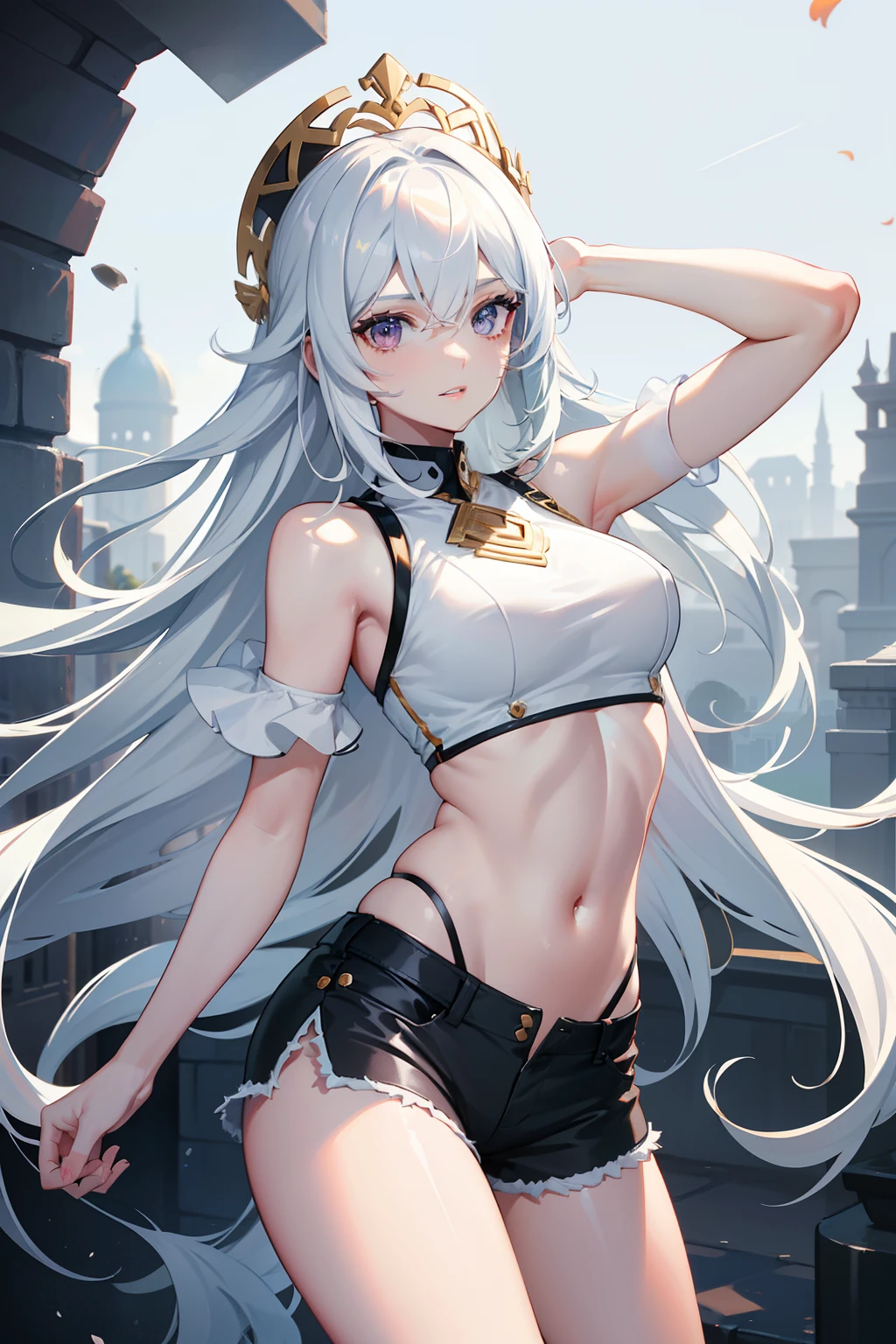 ((Best Quality, 8K, Masterpiece: 1.3)), (Flower Cap: 1.3), Focus: 1.2, Perfect Body Beauty: 1.4, Buttocks: 1.2, (Layered Haircut: 1.2)), (Dark Street: 1.3), Highly Detailed Face and Skin Texture, Full Body, Delicate Eyes, Double Eyelids, Whitened Skin, Long Hair, (Round Face: 1.5), (Loose Crop Top, Shorts: 1.6)