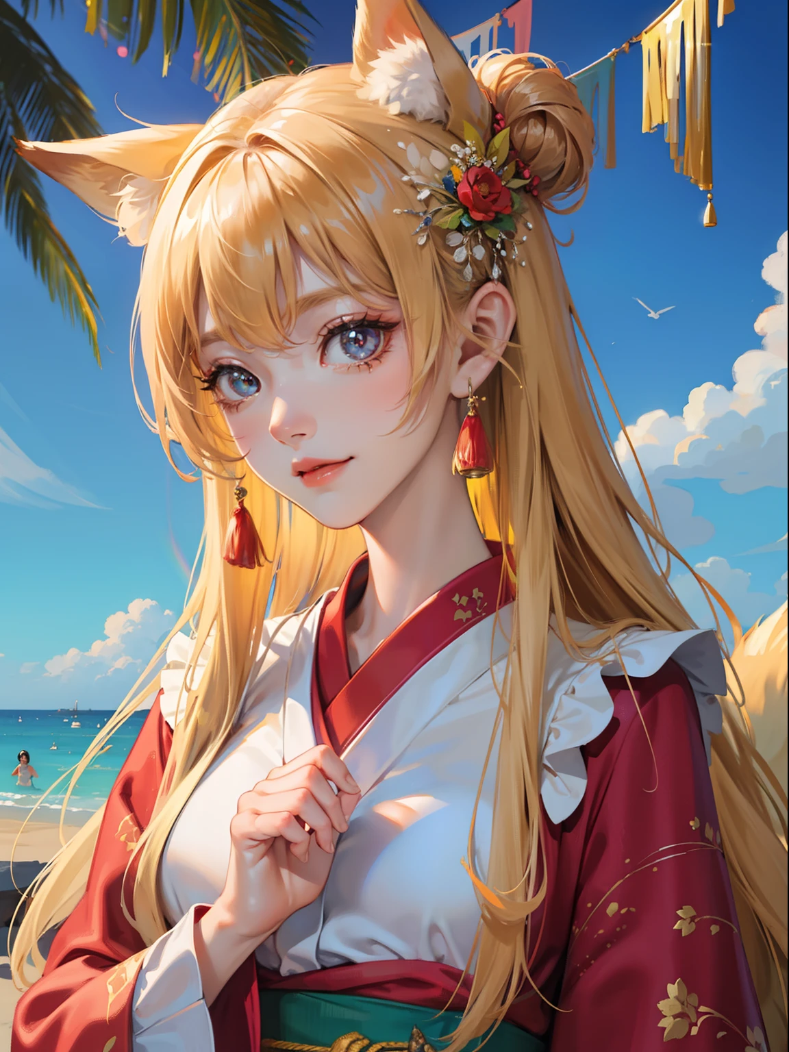 masutepiece, High resolution, 8K, anime woman, Delicate and detailed writing 、Detailed digital illustration、Very long hair and shiny、a very beautiful woman、Eyes are double, Large, Slender eyes、Bust is D cup、High image quality, High quality、Detailed background、I'm wearing a hair ornament.、Glittering background、The inside of the eye shines like a diamond、4 fingers, 1 thumb、Detailed female face、Smile、Very beautiful and cute woman、a blond、wearing red kimono、Cool Woman、Fox ears、Rainbow on background、细致背景、masterpiece、Soft Focus , Bright gradient watercolor , Lens Flare , Glitter , Glow , Dreamy , Very clear and beautiful morning sky background