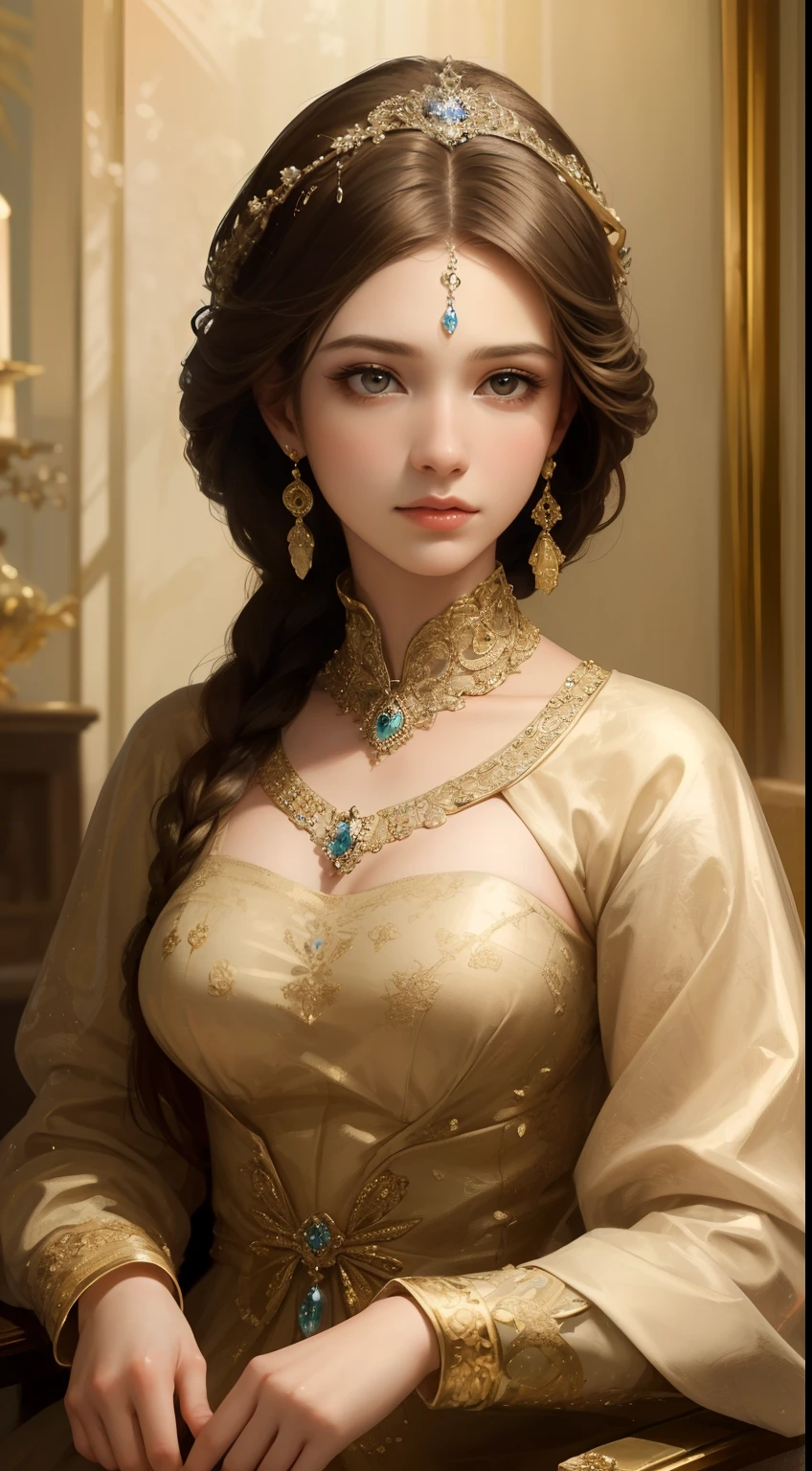 (Ultra-high quality masterpiece,Beautiful bust of an 18-year-old noble girl,Classical braids,The eyes are shiny and clear,Floral craftsmanship,Crystal jewelry,Ultra-fine details,Soft lighting)