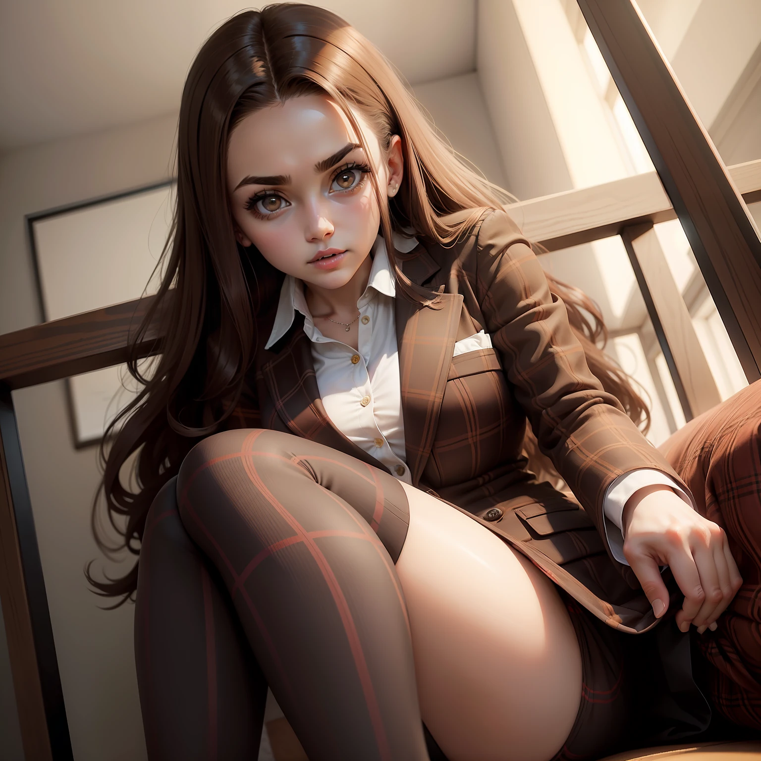 Big eyes woman with bright brown hair and long lashes wearing plaid suit with legs spread