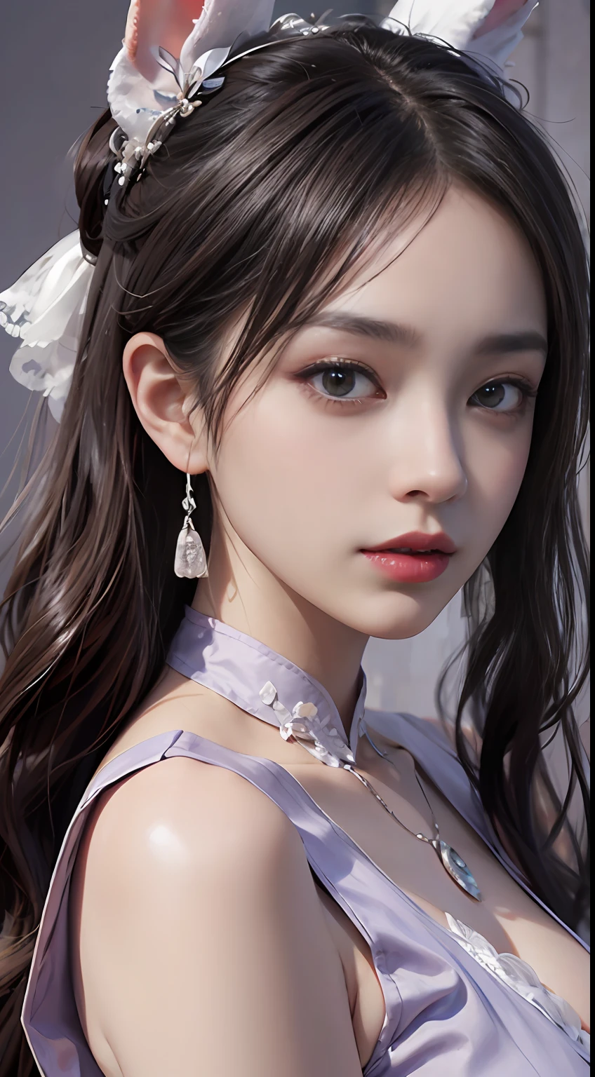1 beautiful girl in Han costume, thin purple silk shirt with white color with many textures, white lace top, long platinum purple ponytail, Hair Jewelry, ear jewelry, light purple rabbit ears, necklace and necklace, meticulously drawn large purple eyes, meticulous makeup, Thin eyebrows, High Nose, lovely red lips, not smiling, pursed lips, rosy cheeks, wide breasts, Big breasts , well-proportioned bust, Slim waist, purple mesh socks, chinese hanfu style, fictitious art textures, vivid and realistic colors, RAW Photos, Realistic Photos, ultra high quality 8k surreal photos, (effective fantasy light effect: 1.8), 10x pixel, magical effect (Background): 1.8), ultradetailed eyes, girl body portrait, ancient hanfu background,