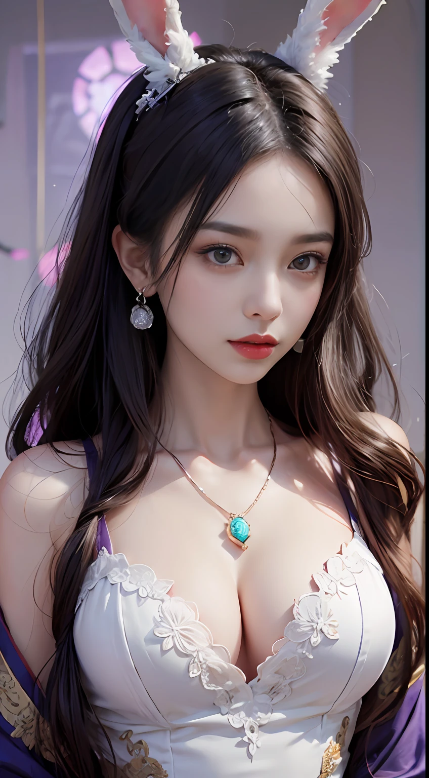 1 beautiful girl in Han costume, thin purple silk shirt with white color with many textures, white lace top, long platinum purple ponytail, Hair Jewelry, ear jewelry, light purple rabbit ears, necklace and necklace, meticulously drawn large purple eyes, meticulous makeup, Thin eyebrows, High Nose, lovely red lips, not smiling, pursed lips, rosy cheeks, wide breasts, Big breasts , well-proportioned bust, Slim waist, purple mesh socks, chinese hanfu style, fictitious art textures, vivid and realistic colors, RAW Photos, Realistic Photos, ultra high quality 8k surreal photos, (effective fantasy light effect: 1.8), 10x pixel, magical effect (Background): 1.8), ultradetailed eyes, girl body portrait, ancient hanfu background,