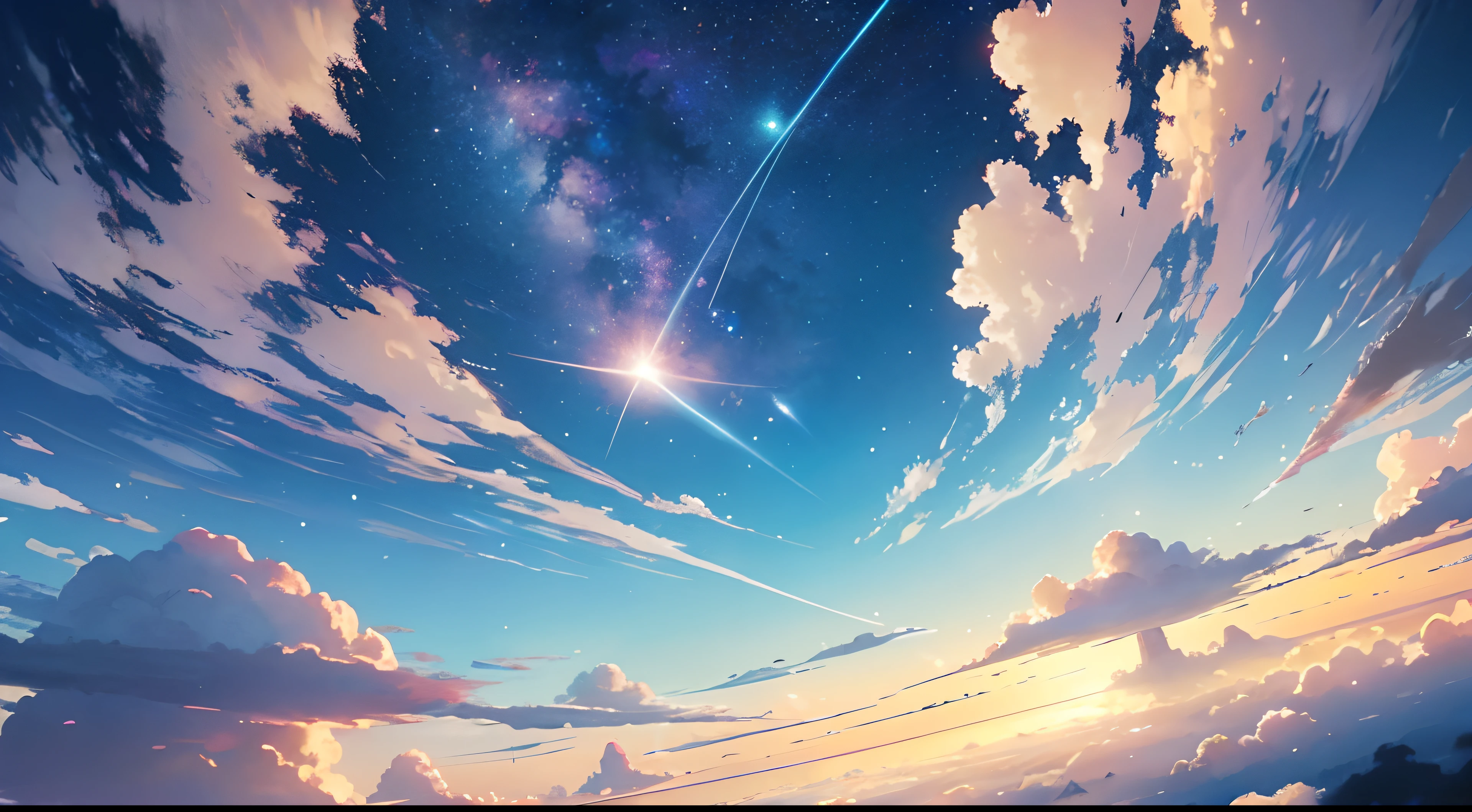 (best qualtiy),(tmasterpiece),(ultra - detailed),(high detal),(The is very detailed),The subject:Anime Sky Dream Medium:Digital illustration or traditional painting。 Resolution:4000x2000 pixels。 Color Palette:Pastel pastel colors blend with vibrant hues。 sentiment:magical、aethereal、peacful。 composition:Wide sky,Floating islands,Whimsical clouds and other fantastic elements。 illuminating:Soft and diffuse lighting,It emits a warm golden glow。 styled:style of anime,With a touch of fantasy and surrealism。 the detail:Including meteors、Colorful nebula、Elements such as fluffy clouds and mysterious creatures。 Inspiration:Anime fantasy world、studio ghibli movie、Surreal art and celestial images。 camera settings:Nothing(Because it is a digital illustration)。 Additional Notes:Emphasize the vastness and beauty of the sky by creating a sense of depth and space。Try various cloud formations and shapes,From fluffy cumulus clouds to slender cirrus clouds。Combined with satellites、Celestial elements such as stars and galaxies,to enhance the fantastic atmosphere。Use soft strokes and blending techniques,Create a seamless and ethereal look。Use lighting effects,Such as soft sunlight or glowing spheres,Add a magical touch。Consider adding whimsical creatures like wyverns or floating jellyfish,Bring a sense of wonder to the scene。Don't be afraid to let your imagination soar,Create a fantasy world that captures the essence of anime fantasy。
