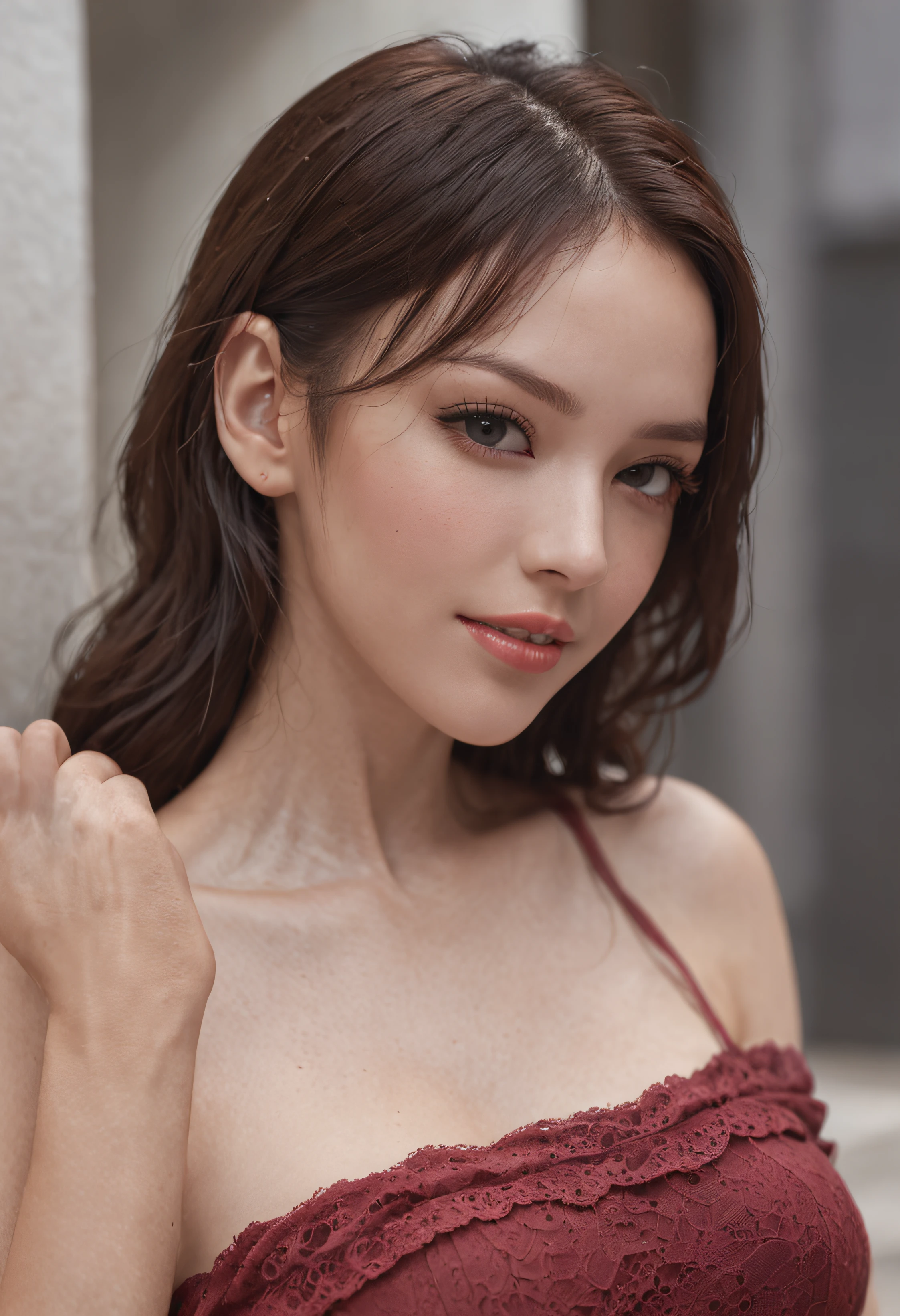 ((Best quality, 8k, Masterpiece :1.3)), pretty woman, 1girl, huge breasts :1.3, slender figure :1.1, firm abs, happy smile, dark brown hair, (pool, wet body, erotic clothes :1.1), ultra-detailed face, detailed lips, detailed eyes, double eyelid