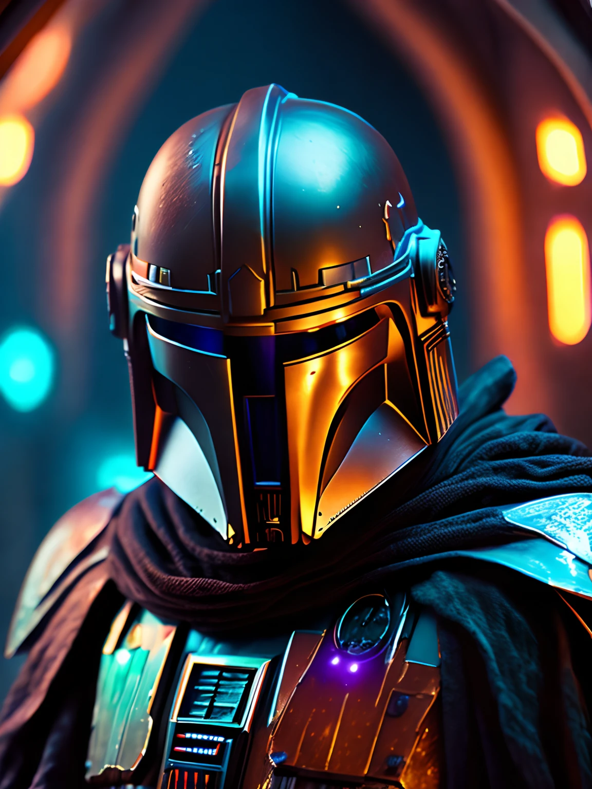 《star war》Gloomy portrait of the evil Mandalorian,Intricately angular cybernetics implants are implanted in Fauvist buildings, Byzantine Fauvist cathedral, dieselpunk, Award-winning photo, Bokeh, Neon lights, cybernetic limb