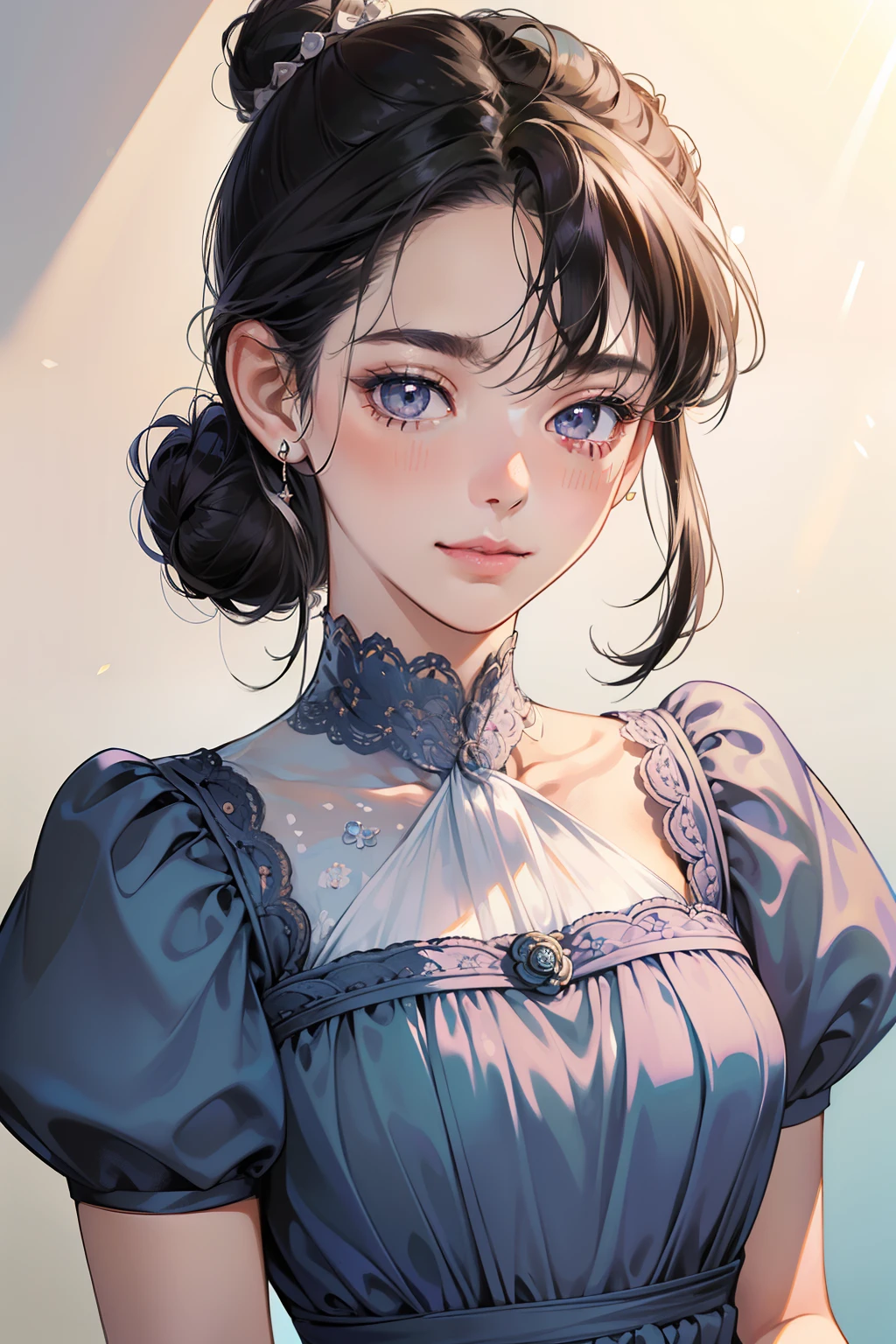 masterpiece, best quality, realistic, mature female, cute, 15 years old, closed mouth, portrait, extremely detailed face, soft smile, (dark purple eyes), ((with single black hair bun), ((front bangs hair)), [thin eyebrows], ((light blue dress)), no makeup, light smile, ear blush, light blush, short eyelashes, 4k, school