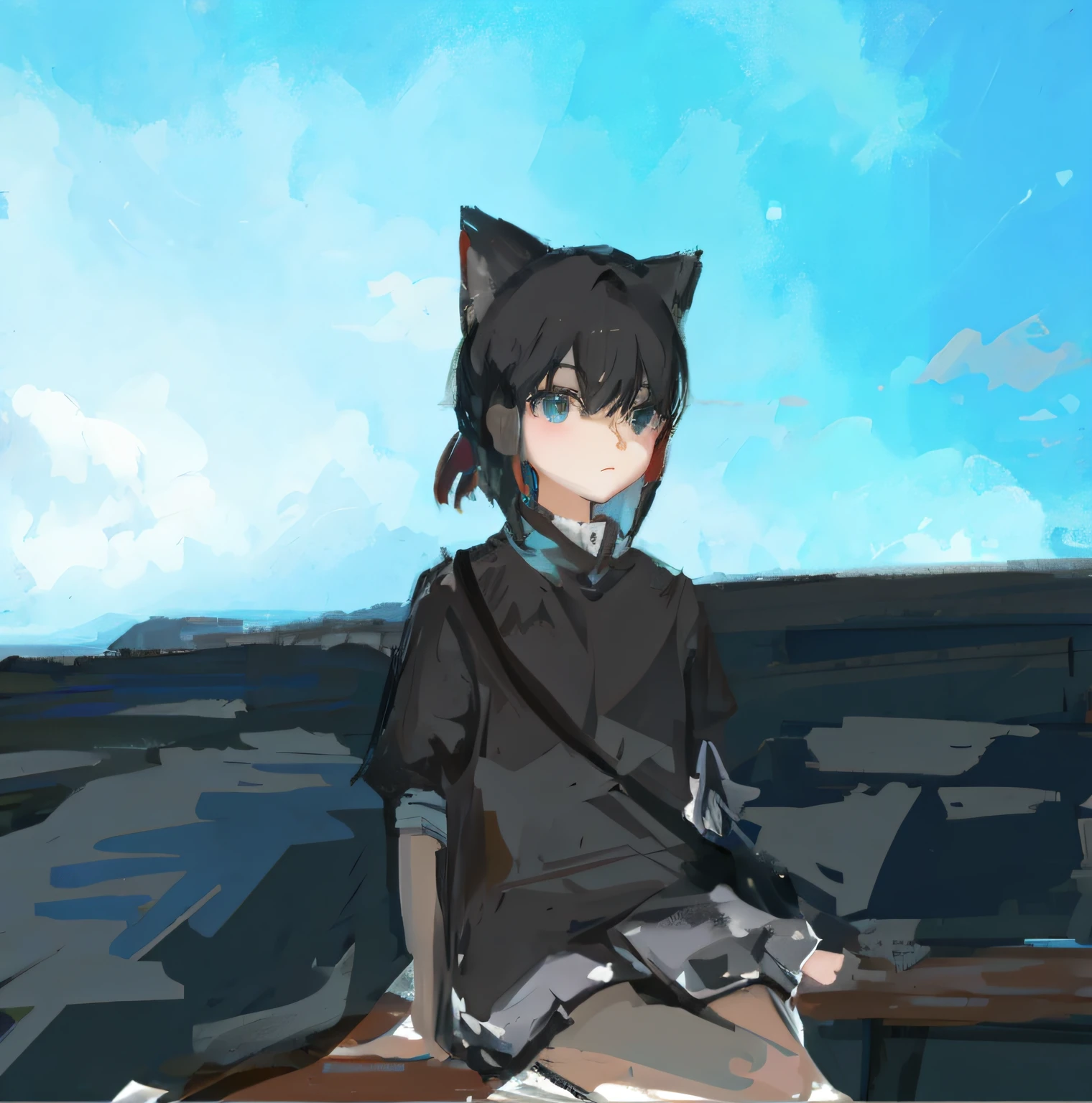 There is a painting，One girl is sitting on a bench, Kantai collection style, drawn in anime painter studio, author：New Art, made with anime painter studio, anime art style, anime moe art style, In anime style, in an anime style, anime catgirl, cat woman, Have by the sea, anime cat, sketchy artstyle, speedpaint