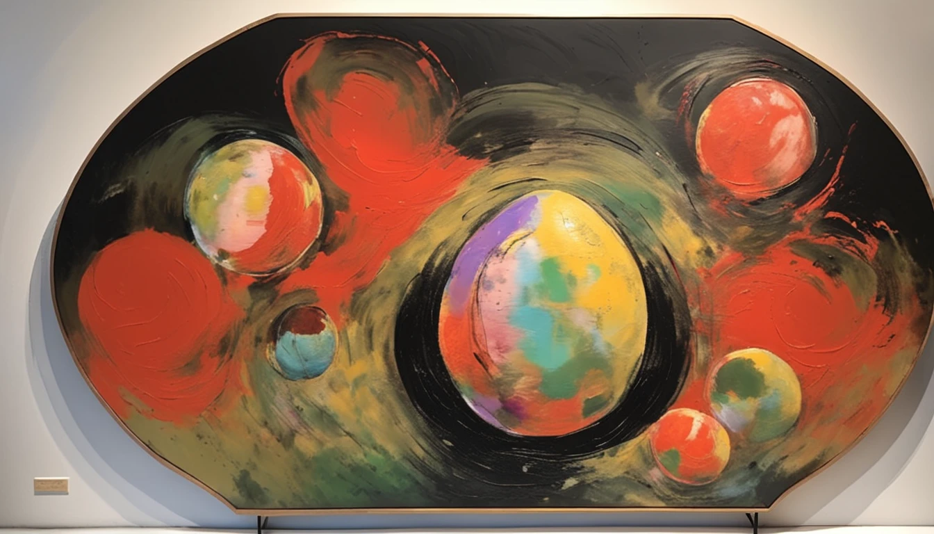 Qi Baishi painting style。Black background,There is a huge egg in the center,Inside the egg are various planets。