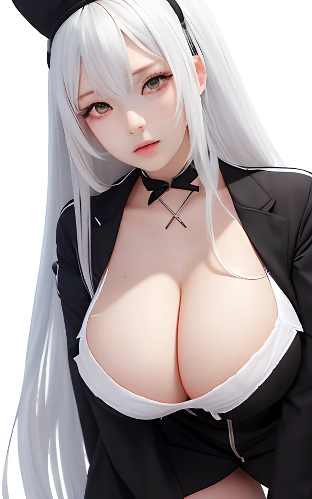 anime girl with long white hair and a black jacket, small curvy , lolidress, azur lane style, fluffy chest, fine details. girls frontline, big breasts!, from girls frontline, big breasts!!, from the azur lane videogame, anime maids riding early tanks, cleavage, with a large breasts, shikamimi, seductive anime girl, no bra, no pants, oppai, , bobs, tits, see through, ahegao,