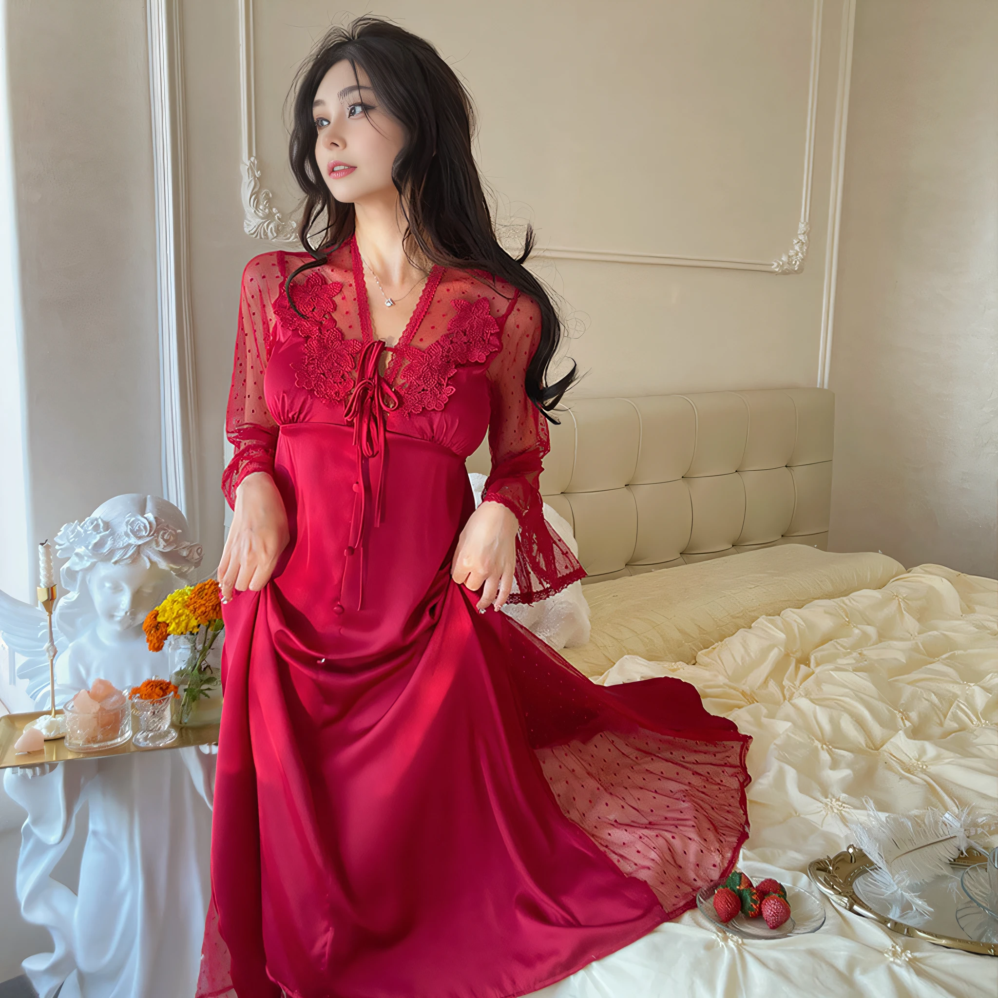 araffe woman in a red dress sitting on a bed, pyjamas, Red robe, Silk, Satin, Red lace, full - length view, 8K)), 19xx, kaftan, in night gown wearing, flowing robe, Red clothes, reds), Chiffon, Femme, long luxurious gown, Red, gorgeous aristocrat robe, tohsaka-rin