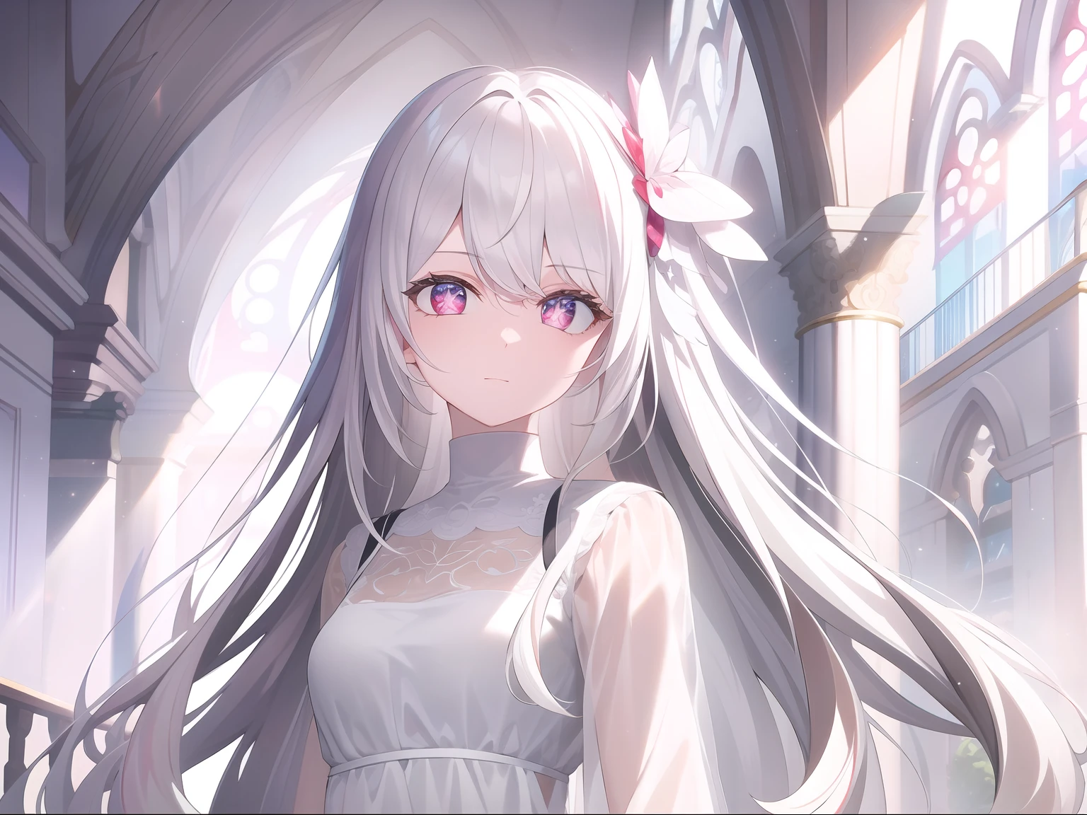 ((Masterpiece, Best quality))++, Detailed light+,  Detail hair+, detail hand+ ,1girll, woman, Long hair,   Crimson eyes,  Beautiful eyes, Young gray hair,,(Beautiful white hair:1.5),(Beautiful detailed eyes),    high resolution+,   blacksilk  ， a black skirt, Glass tones, Reflective eyes,   {{Angle}} , extremelydetailedwallpaper, Original, ,