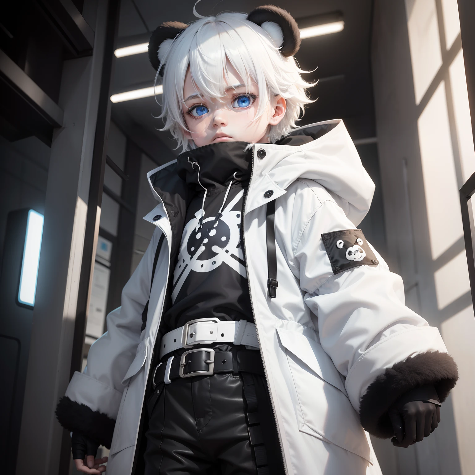 One Boy,Blue eyes,Strands of hair(White the,brack,1.2)Bob Hair、hair messy,White Techware,a belt,parka,black masks,tear drop,Viewer's Eye Line,Black skinny pants,Panda ears,cyberpunked,is standing,baby-face,cute little,Both hands are hidden,