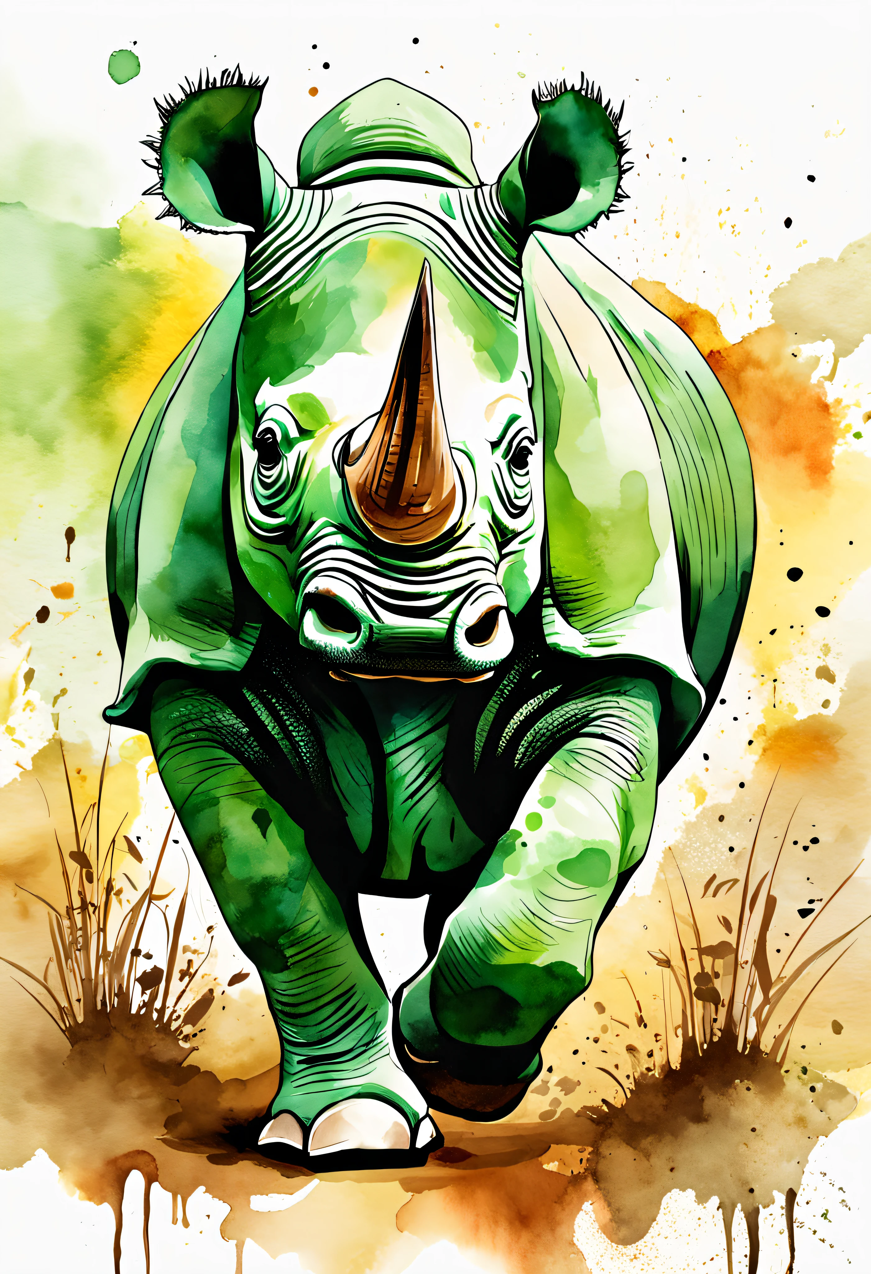 Emerald green rhinoceros running on the grassland,Red rhino horn,Black shiny eyes,Pay attention to the style of the illustrations in a surreal way,Cute and cute