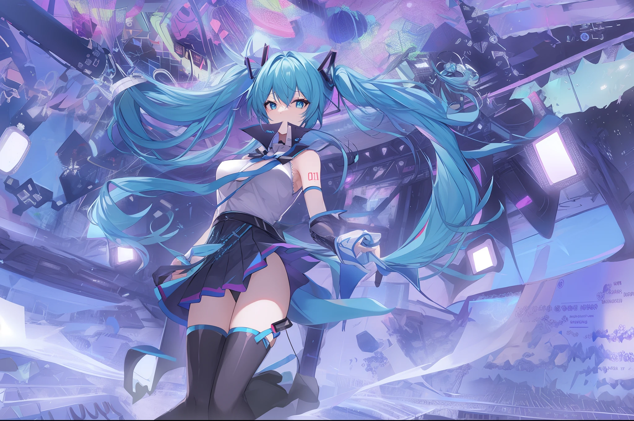 Let's start with a base illustration of a young female character. Adjust hair color to Hatsune Miku's iconic turquoise blue. Styling very long hair, Reach below the waist, With twin tails. Twin tails are evenly balanced、Make sure the top is properly wrapped. Gives hair a shiny look and slightly voluminous texture. large and young々Creates a cute expression, Expressive eyes. Eye color should be a bright blue tint. Give her a characteristic slim and petite body frame. Remove the distinctive outfit consisting of a sleeveless top, tie, and pleated skirts. Include teal and black shades in the color scheme. Include signature accessories such as futuristic headsets, microphone, Removable sleeve. Optionally, Add knee-high boots or thigh-high socks in the same tone. Provide a backdrop that complements aesthetics, futuristic city street, Concert stage with colorful lights, etc.. Due to the complexity of the instructions、Be careful, It can be difficult for AI to accurately generate images based on the exact specifications provided. Draw in sketch style, Similar to Idea Sketch. Drawings that look like they were drawn with a pencil. Messily drawn drawings. A picture drawn with hesitation.