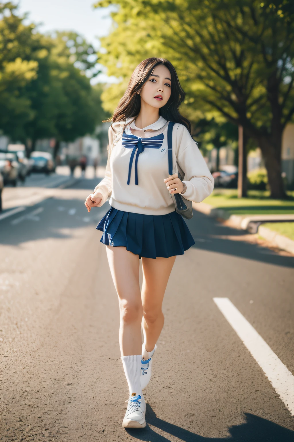 (realisitic、Photorealsitic:1.37)、(masterpiece)、(top-quality:1.4)、(超A high resolution:1.2)、(RAW Photography:1.2)、(foco nítido:1.3)、(facefocus:1.2)、elegent、(full bodyesbian:1.2)、top-quality、(Realism:1.2)、女の子 1 人、Black hair、brown-eyed、A Japanese Lady、frontage、A detailed face、beautidful eyes、Fluttering wind、perspiring、huge tit(1.5)、student clothes、17 age、run、cute little、Cute、School route、morning、for dear life、