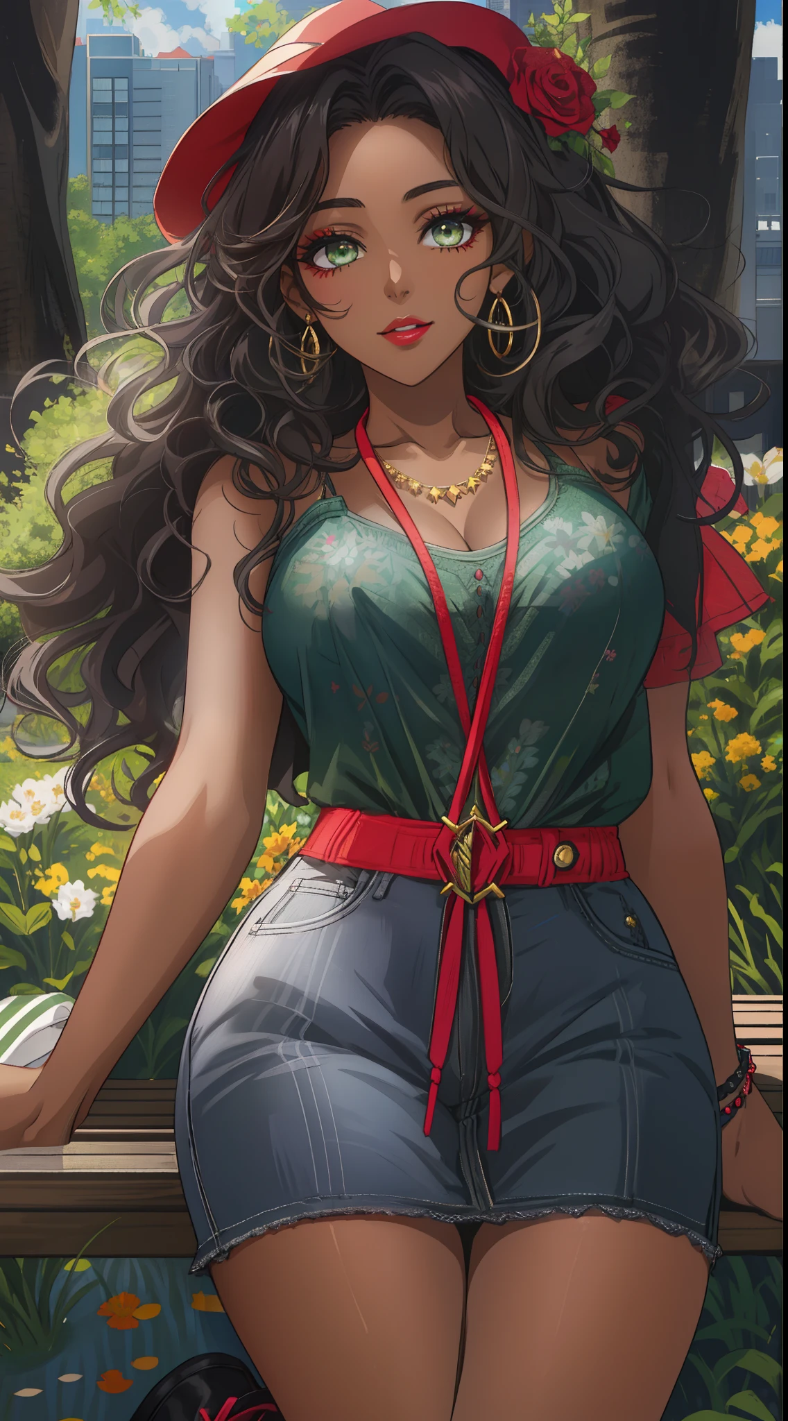 4K, June Scenario, Beautiful dark skined woman, long hair, braided hair, large breasts, brown colored eyes, green shirt, hot pants, red necklace, gazing at viewer, natta, colorful hydrangea