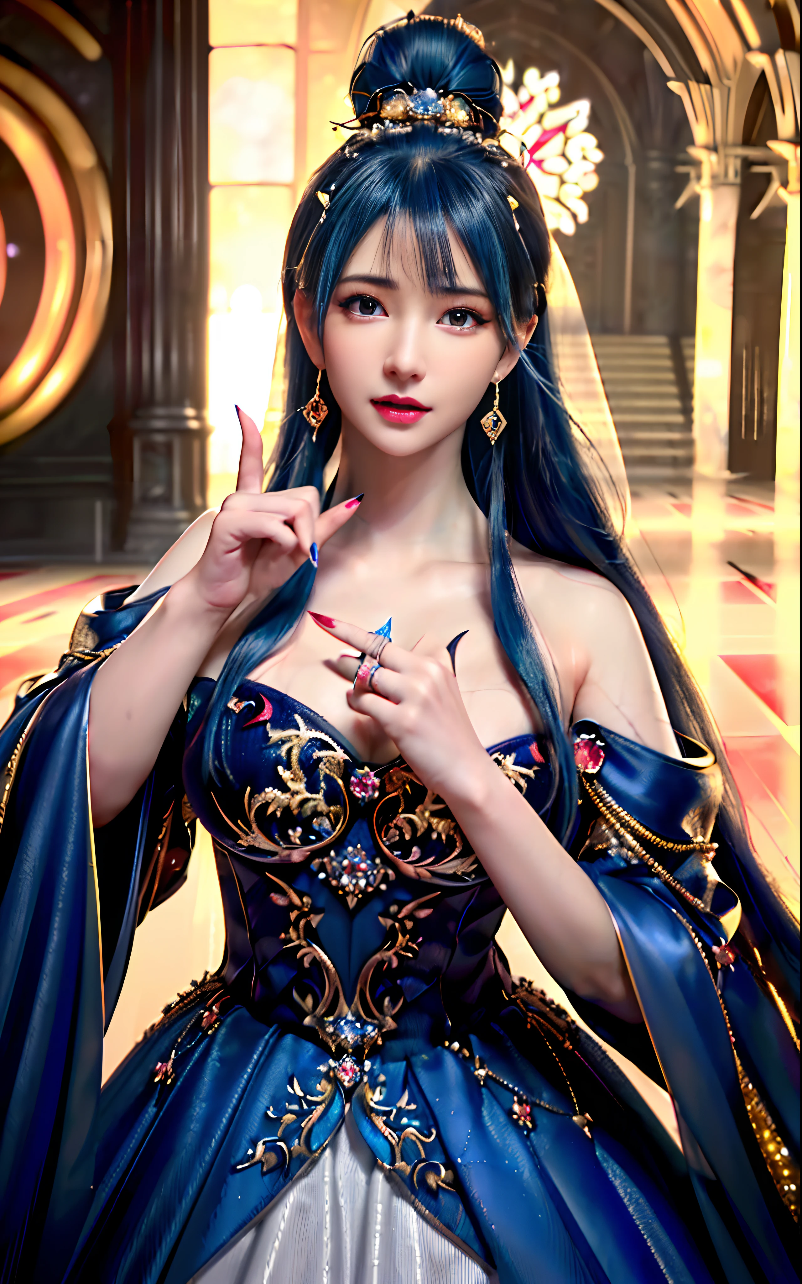 ((realisticity: 1.2)), ((realistic: 8K UHD)), ((best resolution: 8K UHD)), hyper detailed, best quality,masterpiece,highres,cg, ((1 girl hyper detailed and hyper realistic) ) , ((beautiful queen, hyper realistic and hyper detailed)),((white skin, beautiful, smooth, youthful, hyper realistic and hyper detailed )), ((Face hyper beautiful, white, hyper realistic and hyper detailed ) ), long hair, ((hyper realistic and hyper detailed dress)), solo, ((hyper realistic, hyper beautiful, beautiful and hyper detailed jewelry)), ((hyper beautiful deep red and golden yellow dress, hyper realistic and hyper detailed )) , ((Her pretty, hyper realistic, hyper detailed diamond filled earrings)), ((Her gorgeous diamond haircut, hyper realistic and hyper detailed)), ((hyper pretty upper body, hyper beautiful, hyper realistic and hyper detailed) ), ((medium breast: 1.1)), ((hyper realistic, hyper pretty, hyper detailed boobs)), ((the backgroun of the royal palace is hyper majestic, hyper realistic and hyper detailed)),((hands and palms hyper beautiful, hyper detailed, hyper realistic)), ((hyper detailed and hyper realistic fingers and fingernails)), ((hyper pretty fingernails, hyper vivid, hyper detailed, hyper realistic)), ((thumb, index finger, middle finger, ring finger, little finger hyper vivid, hyper pretty, hyper detailed, hyper realistic)), ((hyper beautiful fingers, hyper detailed, and hyper realistic)), ((posture not too fat and not too thin, hyper realistic, hyper detail)), ((hyper pretty, hyper pretty, hyper realistic and hyper detailed hair bun)), ((hyper pretty , hyper realistic and hyper detailed blue hair)), candid, Photo, high resolution, 8k , bokeh,