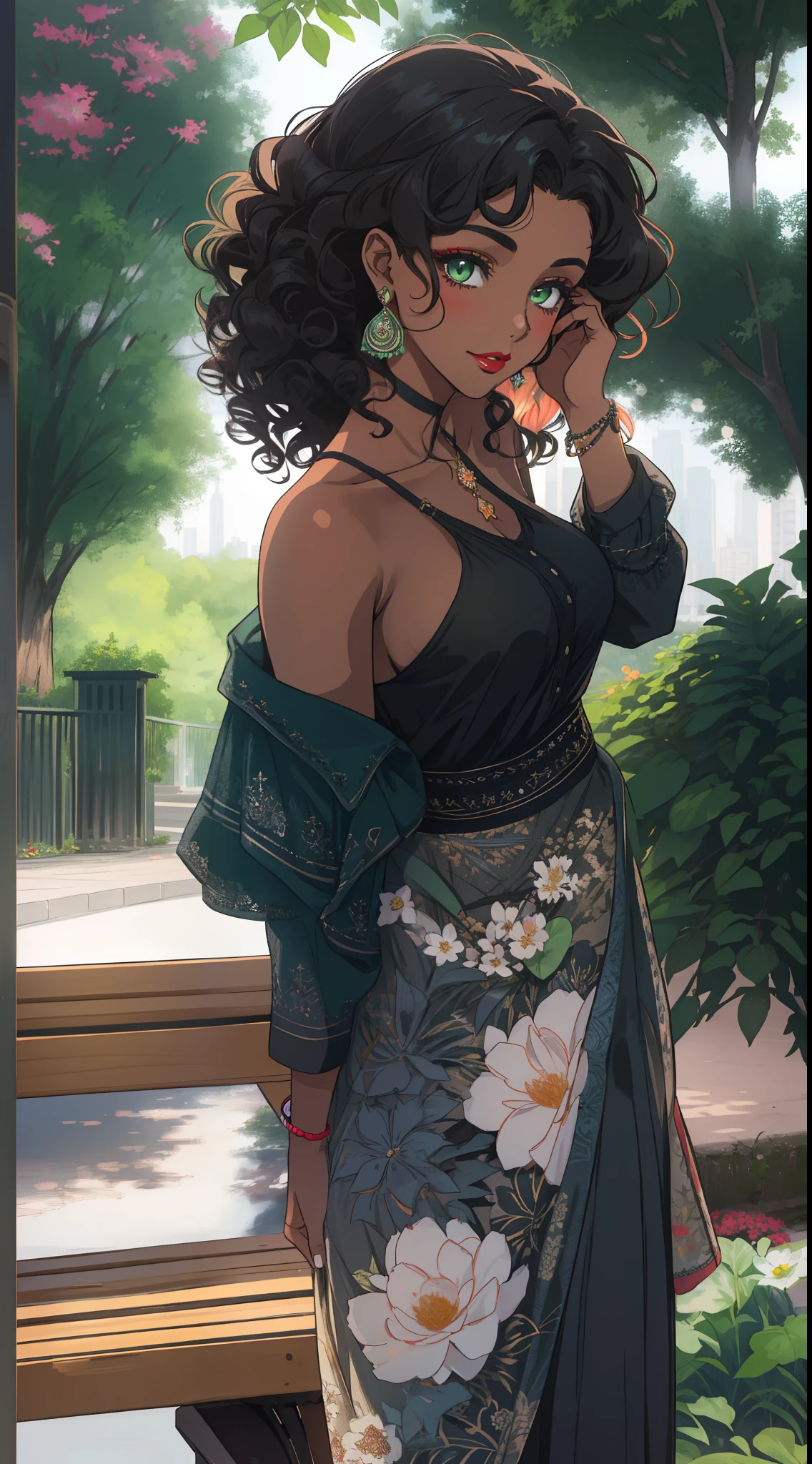 ((((A young woman))), the anime, ( Green eyes), (black hair), Nice face, ssmile, the perfect body, , (((morena))), big breastes, ((tmasterpiece, beste-Qualit)), illustartion, Ультра деталпазированная 8k, Photorealistic, sharp-focus, higly detailed, Professional lighting, Bright make-up, red-lips, Toenails and fingernails are varnished, (dark skin:1,2), short stature, dark skin, Indian woman, African curly hair, Afro-curls, urban style, casual wear, casual shoes, city park, the trees, Flowers, bench, pond