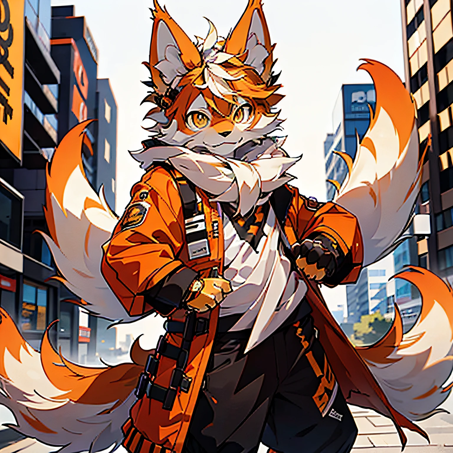 furry，shaggy，Orange and white fur，male people，felid，，solo person，sharp talons， Detailed fur， Golden eyes，Fluffy tail，，ultra - detailed：1.0，the city street，detailedbackground