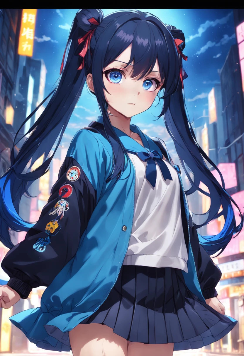 Jitome,One girl、A dark-haired、cute little、harajuku fashion、poneyTail、blue eyess、masterpiece、top-quality、Top image quality