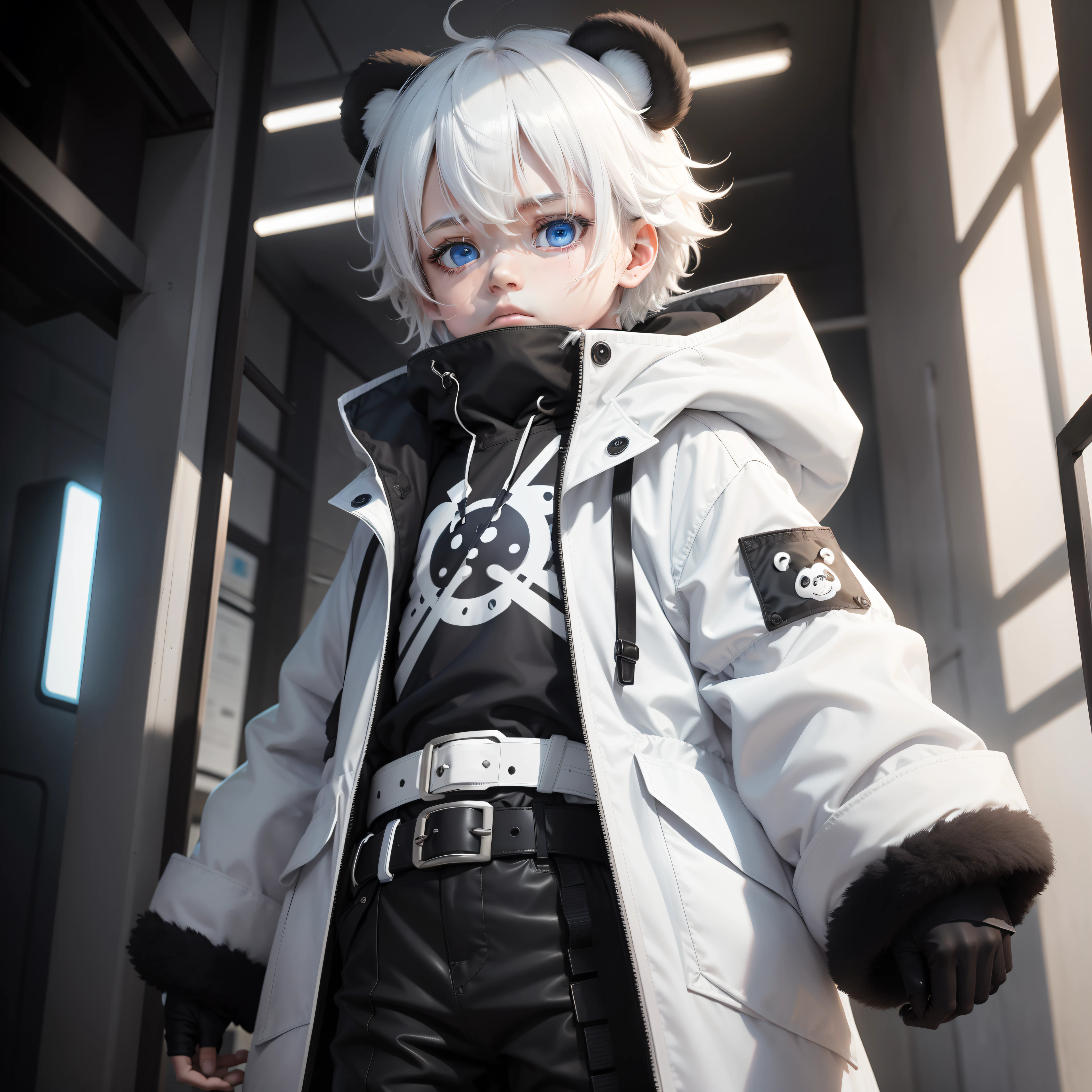 One Boy,Blue eyes,Strands of hair（White the,brack,1.2）Bob Hair、hair messy,White Techware,a belt,parka,black masks,tear drop,Viewer's Eye Line,Black skinny pants,Panda ears,cyberpunked,is standing,baby-face,cute little,Both hands are hidden,
