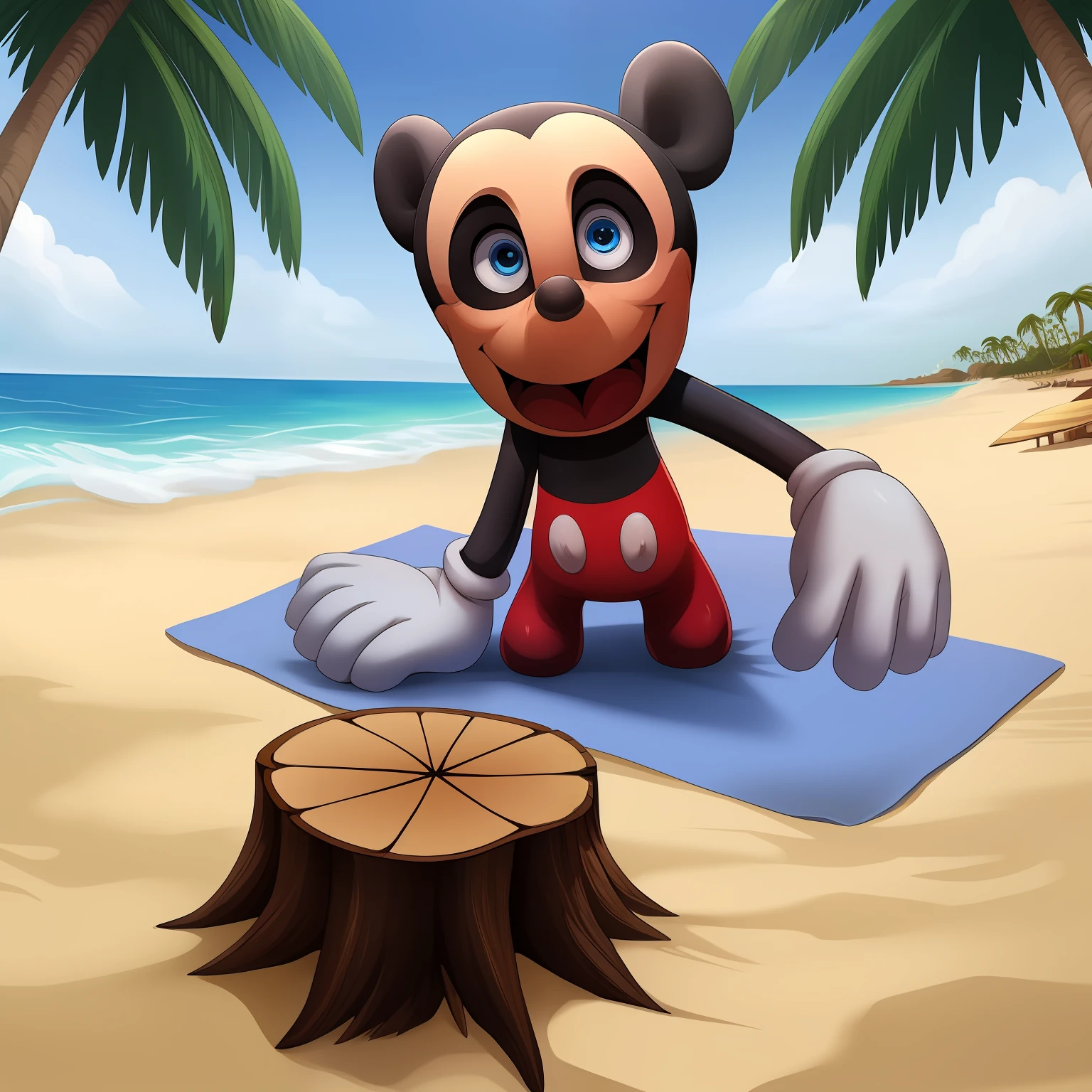 Mickey Mouse, no legs, legless, missing legs, stump leg, blue eyes, open smile, big and wide mouth, agape, staring at the viewer, enjoying the place, dynamic angle, beach background, detailed art, palm trees, intricate details