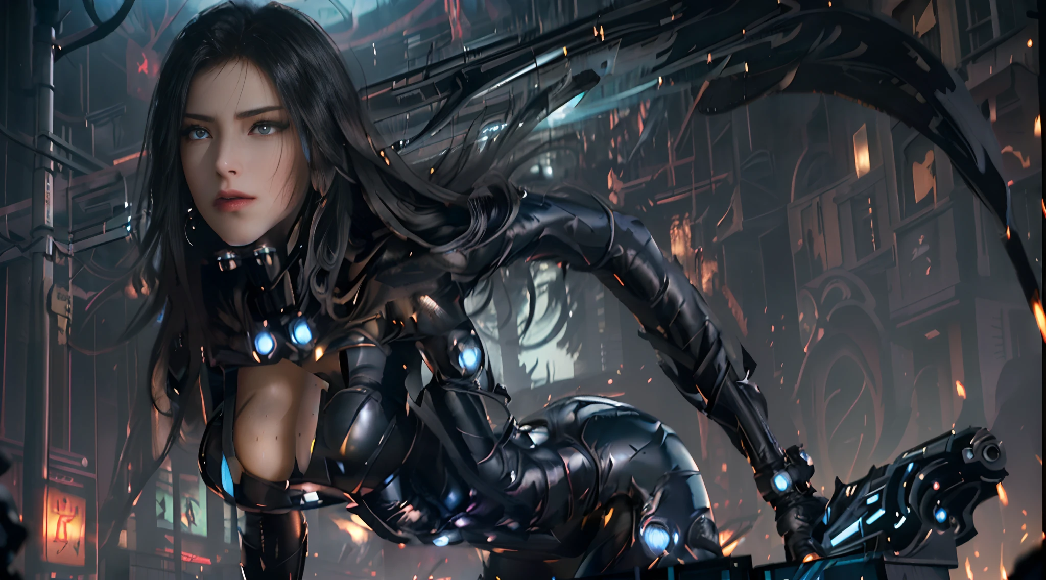 NSFW,tmasterpiece,。.。.。.3D、hentail realism、Ultraphotomicrography、(((1 female)))、28 year old,((from below:1.5))、dynamic ungle、full bodyesbian:1.3、standing:1.3,best qualtiy、Ultra-delicate CG unity ,8K,the wallpaper,intricately details、amazing shadows, Perfect face,Tall,Perfect proportions、(highly dramatic picture、intricately details、gravel path,Harmonious composition、Creative refinement)、glossiness,Reika\(gantz\), Reika\(tightsuit\), Reika\(Coat\),,(Tights detail,PVC,High-gloss holographic leather,Shines like dense oil:1.5,High-gloss latex bodysuit,Shines like oil,Black gloves),Feminine、ass visible through thigh,Detailed body、(A detailed face: 1.1)、petty face,((Iris Outline))、(Hydrocore Lens)、(Perfect eyes)、Beautiful fece、view the viewer,thin lipss:1.1、Thin, Sharp, pale eyebrows,、eyeline,long dark eyelashes、Double lashes、Dark eyeshadow,((Fighting posture:1.2、Fight with the black giant Japanese longsword,Vicious knives,Shoot giant ray guns,battoujutsu stance,Weapons of the future)),Big ass、long leges,Pin-heels,Slim and muscular,、muscle abs,Visible Pore、glistning skin,Sweat,The pose is seductive、Very long hair,Floating hair,Black Themes,((erected ,Huge ,show off pubic area,Carmelto,vulvashaped,Sexy and dynamic model pose,Cool pose)),(underbust, Perfect hand:1.5、(((back Lighting,Foggy,steams,Underworld,The Dark Road,cyber punk perssonage,电影灯光,exquisite lighting and shadows,)),废墟,destroyed city,Midnight Shibuya,background crowds、Damp street surface,Digital SLR harp、Maximum clarity and sharpness、Optimal ratio of four fingers and one thumb