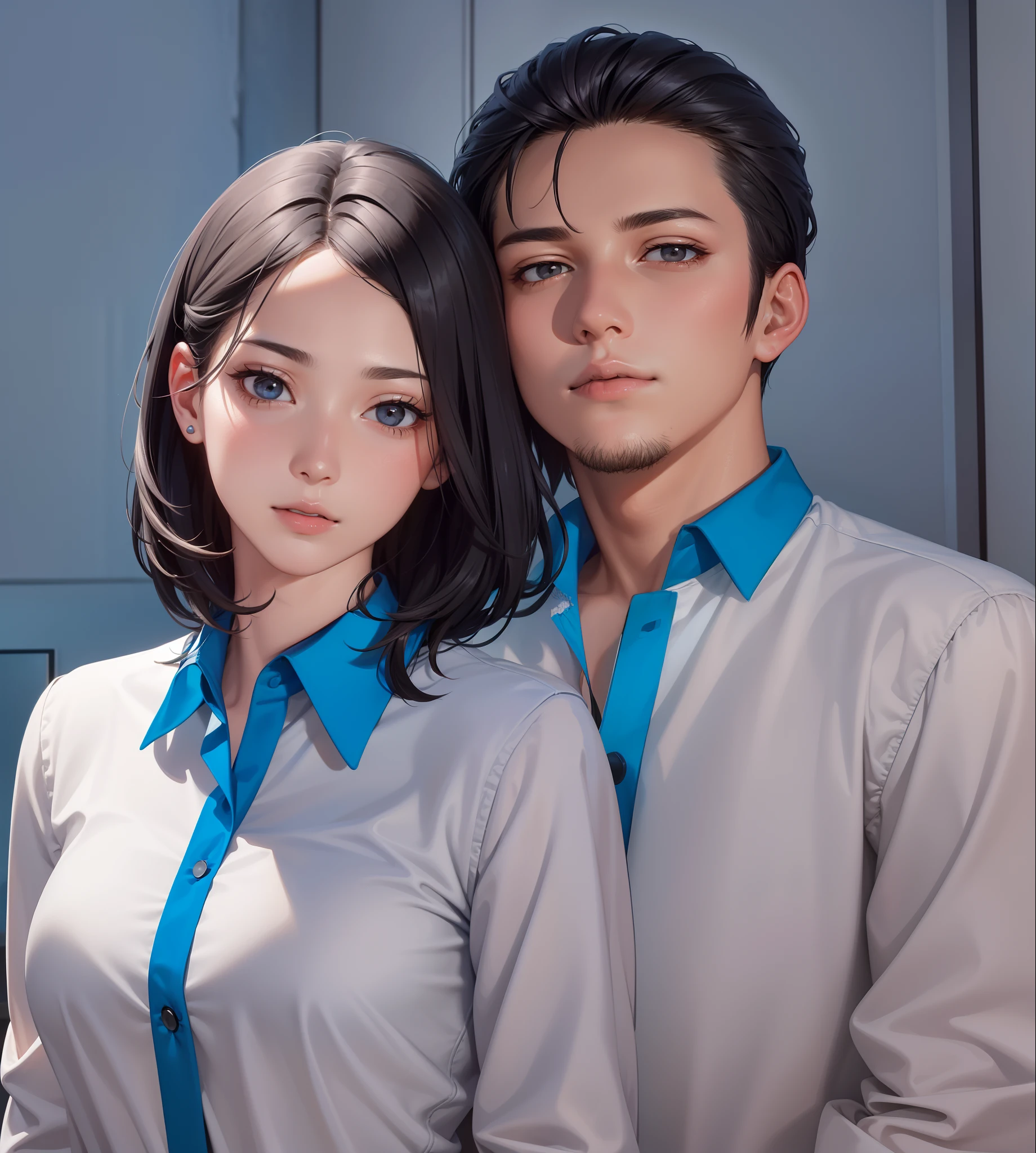 2 people, woman and man, Attractive profile picture, masterpiece, ultra-precise rendering, beautiful and cool young woman, trustworthy, dependable young woman, savior of the world, simple design, most beautiful image, 4K, beautiful woman black hair, handsome man,