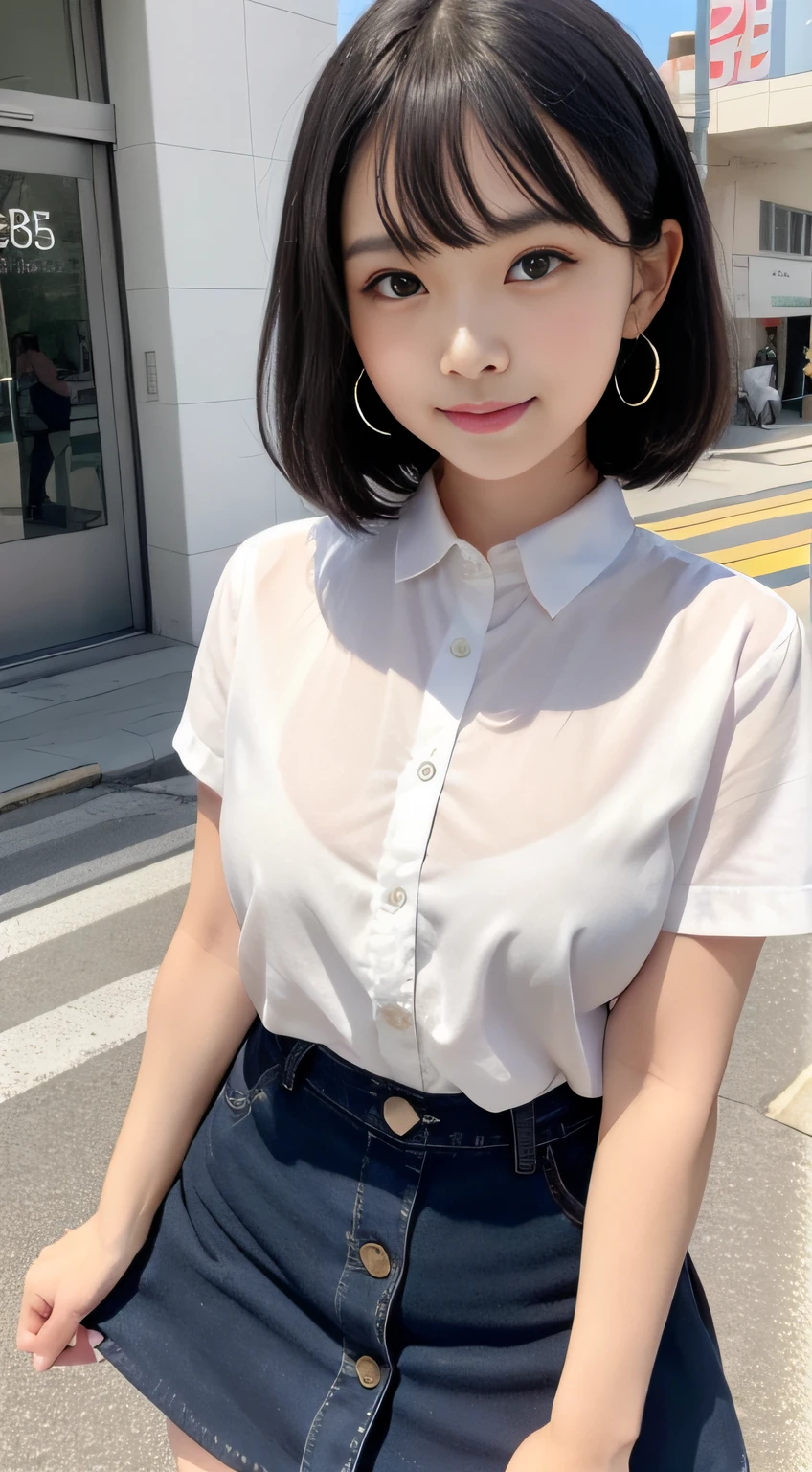 ((of the highest quality, 8K, masutepiece: 1.3, Raw photo)), Sharp Focus: 1.2, (1 AESPA Girl :1.1), Solo, (Realistic, Photorealistic: 1.37), (Face Focus: 1.1), Cute face, hyperdetailed face, (short messy hair: 1.2), updo, Small Smile, Small breasts, flat chest, thigh, nude, office lobby, business blouse