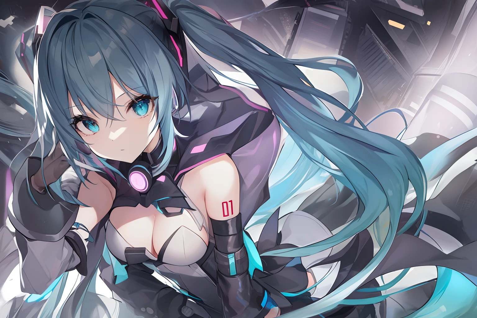 Let's start with a base illustration of a young female character. Adjust hair color to Hatsune Miku's iconic turquoise blue. Styling very long hair, Reach below the waist, With twin tails. Twin tails are evenly balanced、Make sure the top is properly wrapped. Gives hair a shiny look and slightly voluminous texture. large and young々Creates a cute expression, Expressive eyes. Eye color should be a bright blue tint. Give her a characteristic slim and petite body frame. Remove the distinctive outfit consisting of a sleeveless top, tie, and pleated skirts. Include teal and black shades in the color scheme. Include signature accessories such as futuristic headsets, microphone, Removable sleeve. Optionally, Add knee-high boots or thigh-high socks in the same tone. Provide a backdrop that complements aesthetics, futuristic city street, Concert stage with colorful lights, etc.. Due to the complexity of the instructions、Be careful, It can be difficult for AI to accurately generate images based on the exact specifications provided. Draw in sketch style, Similar to Idea Sketch. Drawings that look like they were drawn with a pencil. Messily drawn drawings. A picture drawn with hesitation.