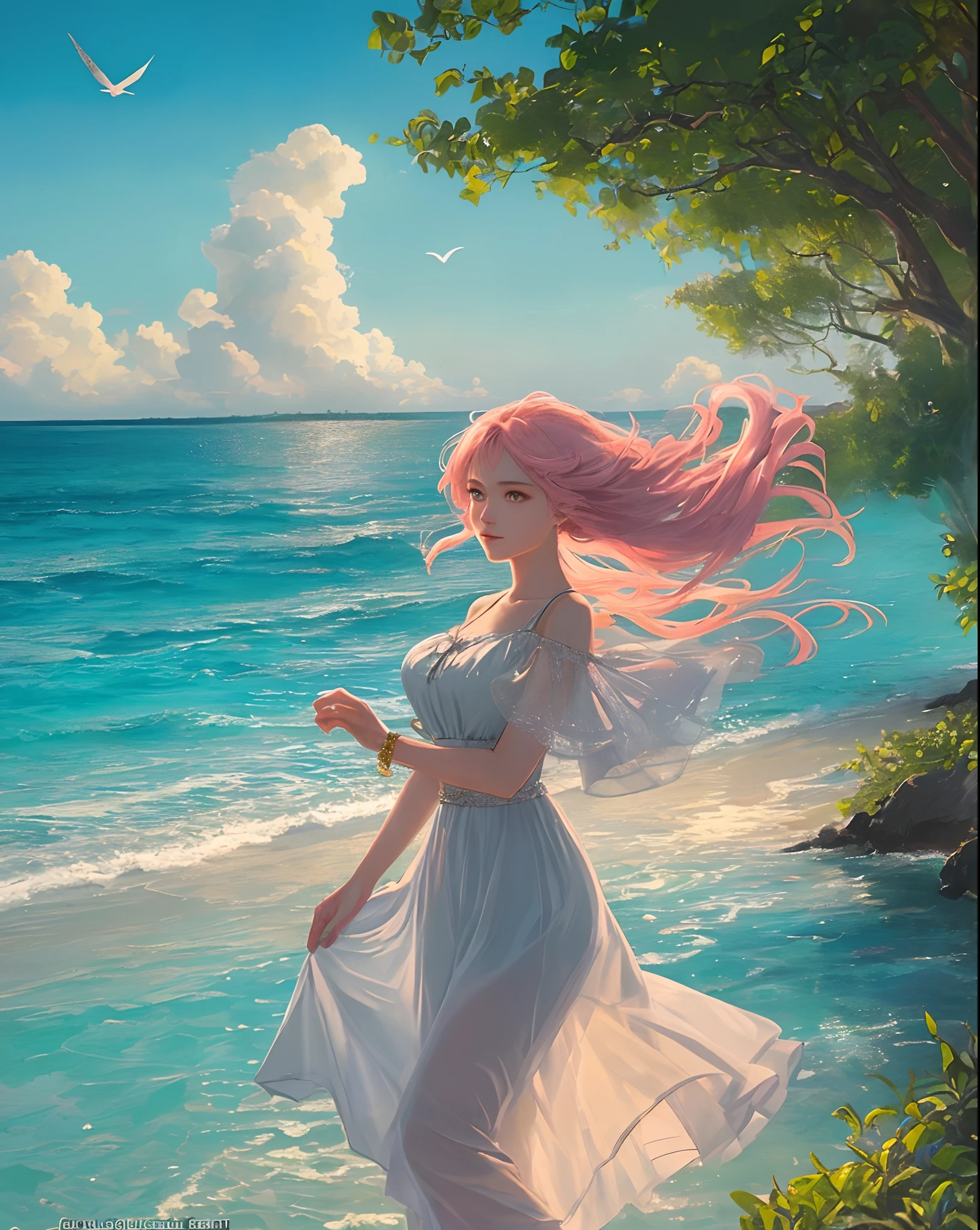 (Masterpiece, high resolution, illustration:1.2), Radiant young woman in flowing dress, (Elegant and ethereal presence:1.1), (The golden sun sinks below the horizon:1.2), (A gentle sea breeze caressed her cheeks:1.2), (Peaceful secluded beach,palmeiras:1.1), (Pastel tones depict the sky in pink and orange tones:1.2), (Gentle waves lapping against the sand:1.1), (Seagulls glide through the air:1.2), Enjoy moments of charm and tranquility in the idyllic Maldives, Artistic details, Charming composition.