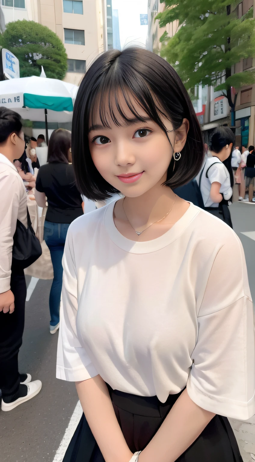 black hair, 18 years old, slender and busty body, bob cut, aqua eyes, black hair, blush stickers, grin, smile with teeth, whole body, younger sister girl, round face, slightly puffed cheeks, eyebrows downward, light blush, Double eyelids, Look at viewers, affectionate cute, cute girl, Look at viewers, Hinano Himeno, Crowds, TOKYOcty, There are many people around 、one little star earring, lively eyes, Bustling background , police officers, Miniskirt Police、Surrealism, Surrealism, depth of field, Nikon, 8k, super detail, masterpiece, high details, 8k, anatomically correct, award winning