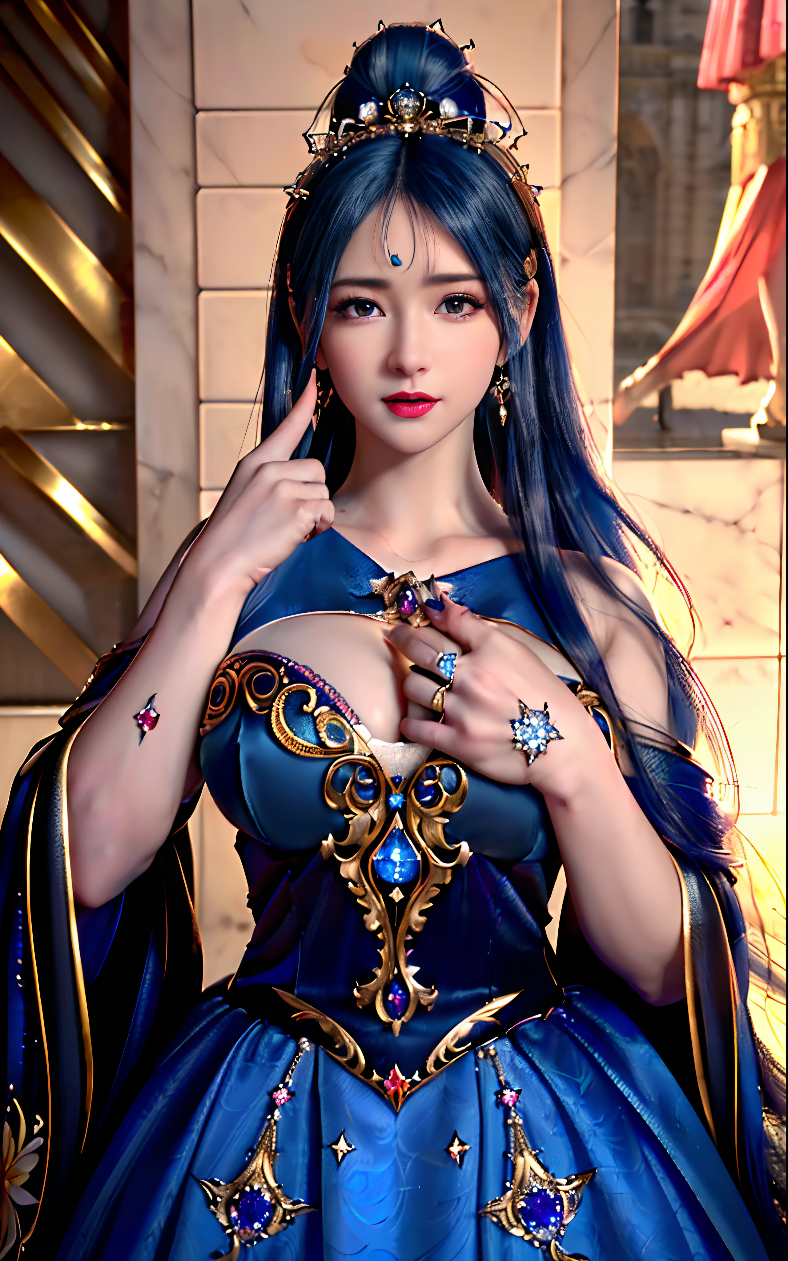 ((realisticity: 1.2)), ((realistic: 8K UHD)), ((best resolution: 8K UHD)), hyper detailed, best quality,masterpiece,highres,cg, ((1 girl hyper detailed and hyper realistic) ) , ((beautiful queen, hyper realistic and hyper detailed)),((white skin, beautiful, smooth, youthful, hyper realistic and hyper detailed )), ((Face hyper beautiful, white, hyper realistic and hyper detailed ) ), long hair, ((hyper realistic and hyper detailed dress)), solo, ((hyper realistic, hyper beautiful, beautiful and hyper detailed jewelry)), ((hyper beautiful deep red and golden yellow dress, hyper realistic and hyper detailed )) , ((Her pretty, hyper realistic, hyper detailed diamond filled earrings)), ((Her gorgeous diamond haircut, hyper realistic and hyper detailed)), ((hyper pretty upper body, hyper beautiful, hyper realistic and hyper detailed) ), ((medium breast: 1.1)), ((hyper realistic, hyper pretty, hyper detailed boobs)), ((the backgroun of the royal palace is hyper majestic, hyper realistic and hyper detailed)),((hands and palms hyper beautiful, hyper detailed, hyper realistic)), ((hyper detailed and hyper realistic fingers and fingernails)), ((hyper pretty fingernails, hyper vivid, hyper detailed, hyper realistic)), ((thumb, index finger, middle finger, ring finger, little finger hyper vivid, hyper pretty, hyper detailed, hyper realistic)), ((hyper beautiful fingers, hyper detailed, and hyper realistic)), ((posture not too fat and not too thin, hyper realistic, hyper detail)), ((hyper pretty, hyper pretty, hyper realistic and hyper detailed hair bun)), ((hyper pretty , hyper realistic and hyper detailed blue hair)), candid, Photo, high resolution, 8k , bokeh,