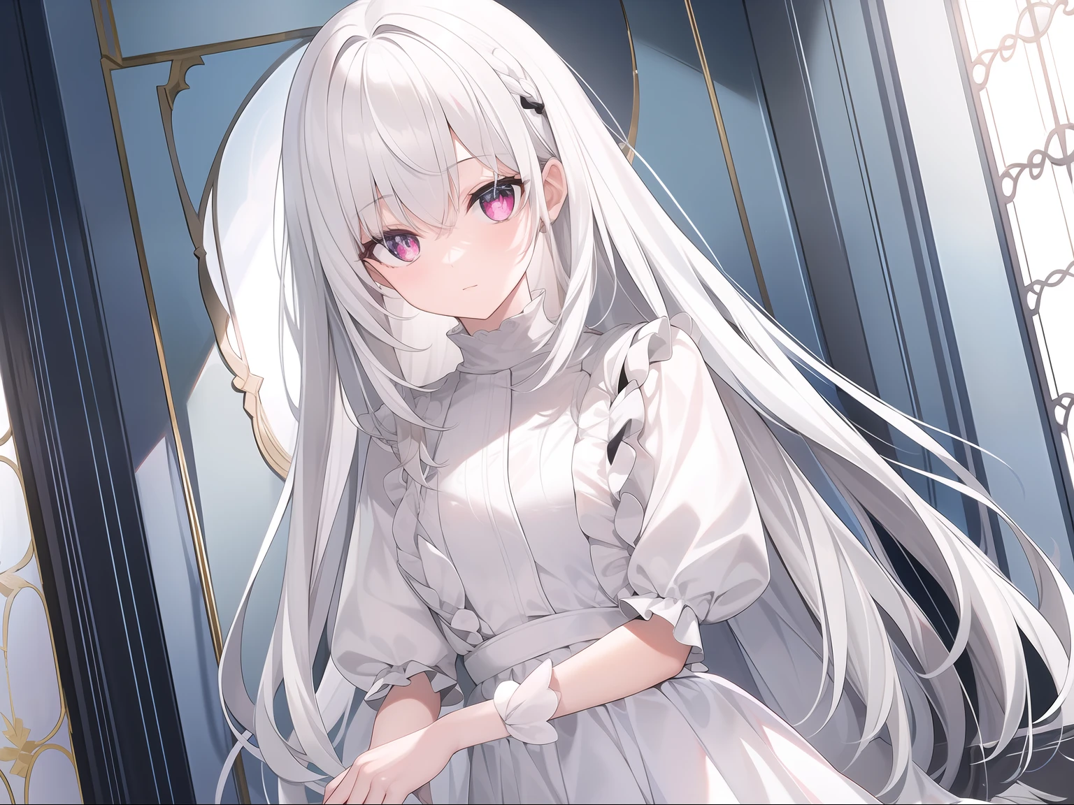 ((Masterpiece, Best quality))++, Detailed light+,  Detail hair+, detail hand+ ,1girll, woman, Long hair,   Crimson eyes,  Beautiful eyes, Young gray hair,,(Beautiful white hair:1.5),(Beautiful detailed eyes),    high resolution+,   blacksilk  ， a black skirt, Glass tones, Reflective eyes,   {{Angle}} , extremelydetailedwallpaper, Original, ,