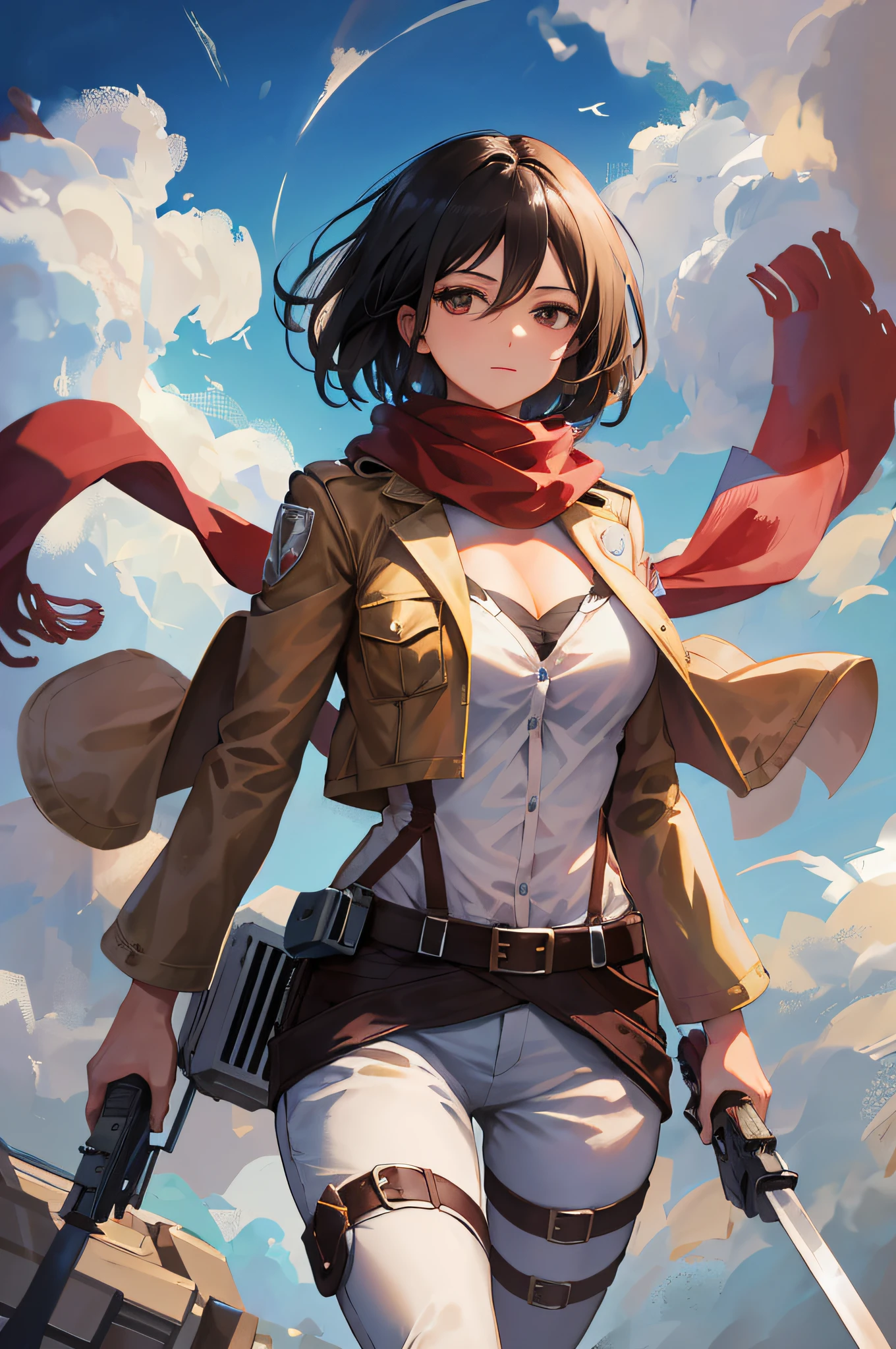 Mikasa, obra-prima da mulher madura, best quality, Altas, short hair, olhos negros, echarpe, emblema, belt, thigh strap, red scarf, white pant, jaqueta marrom, mangas compridas,button, clivagem, grande peito segurando arma, espada, dupla empunhadura, engrenagem de manobra tridimensional, arms extended, standing on one leg, tiro largo, heaven, extremely high quality, high resolution.
